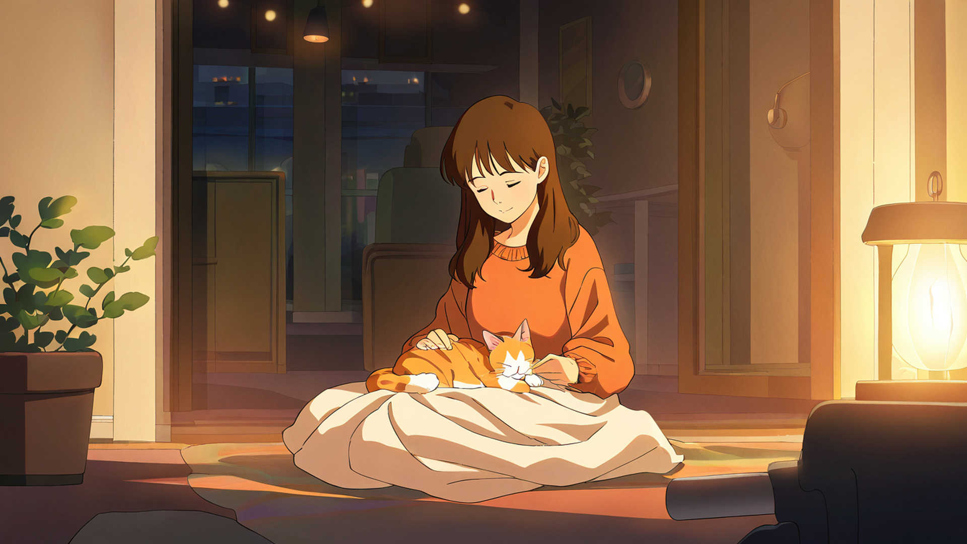 girl with cat lamplight lofi wallpaper