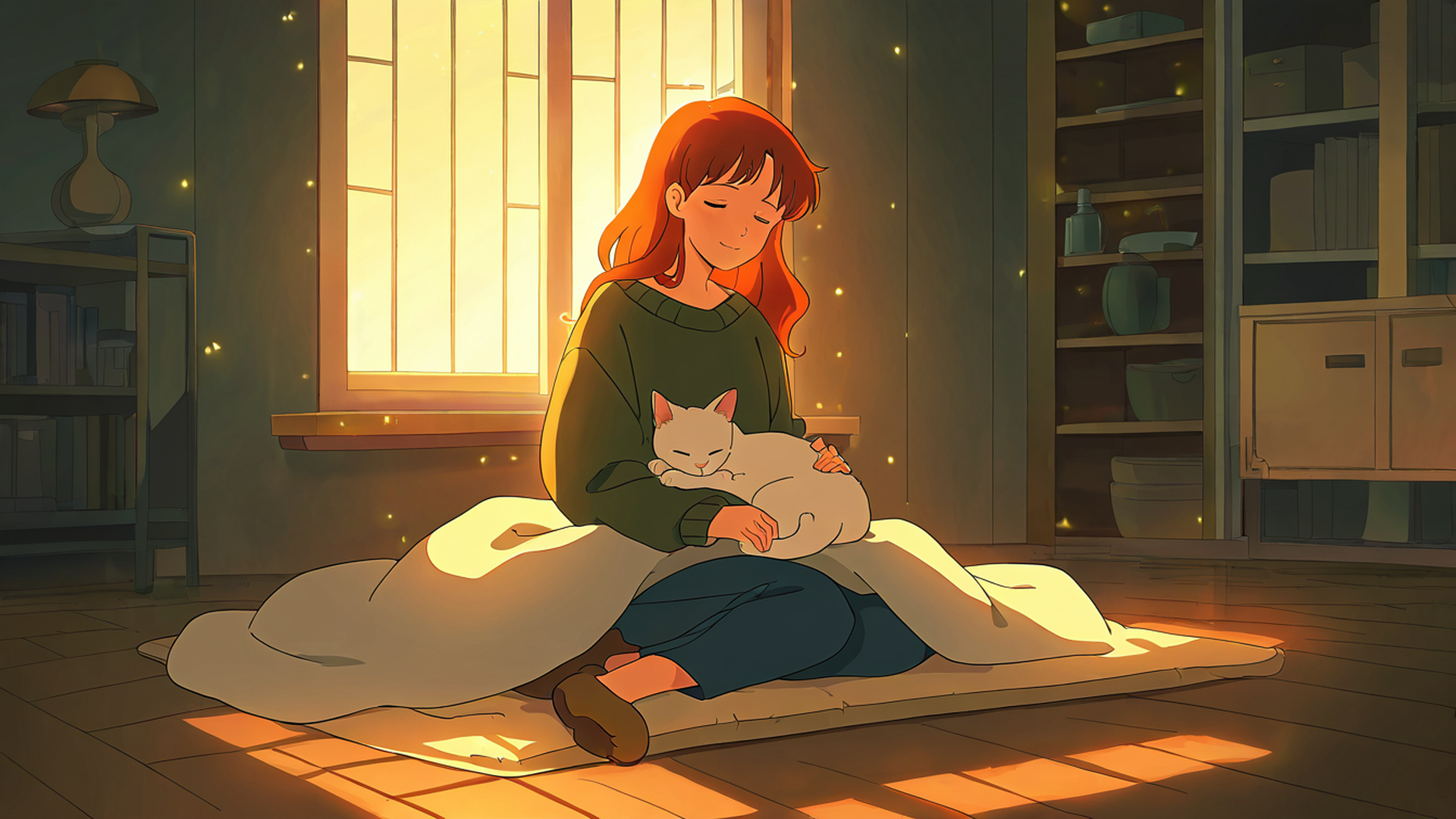 girl with cat lamplight lofi wallpaper