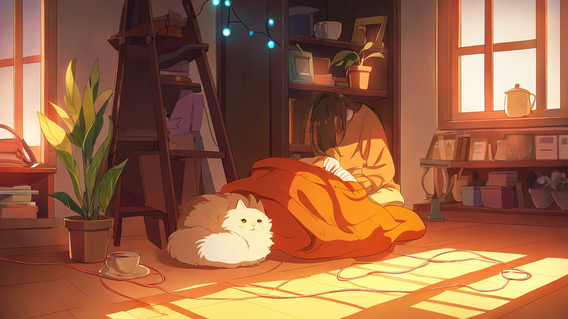 Girl With Cat Lamplight Girl With Cat Lamplight 1361520794 lofi anime wallpaper free download