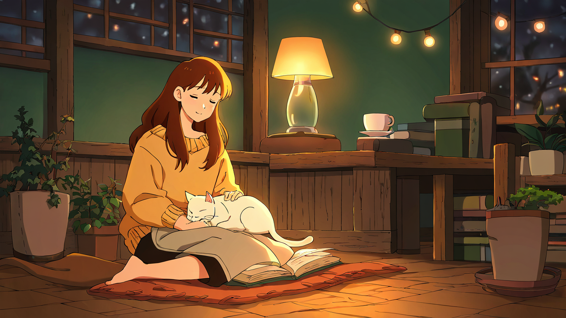 girl with cat lamplight lofi wallpaper