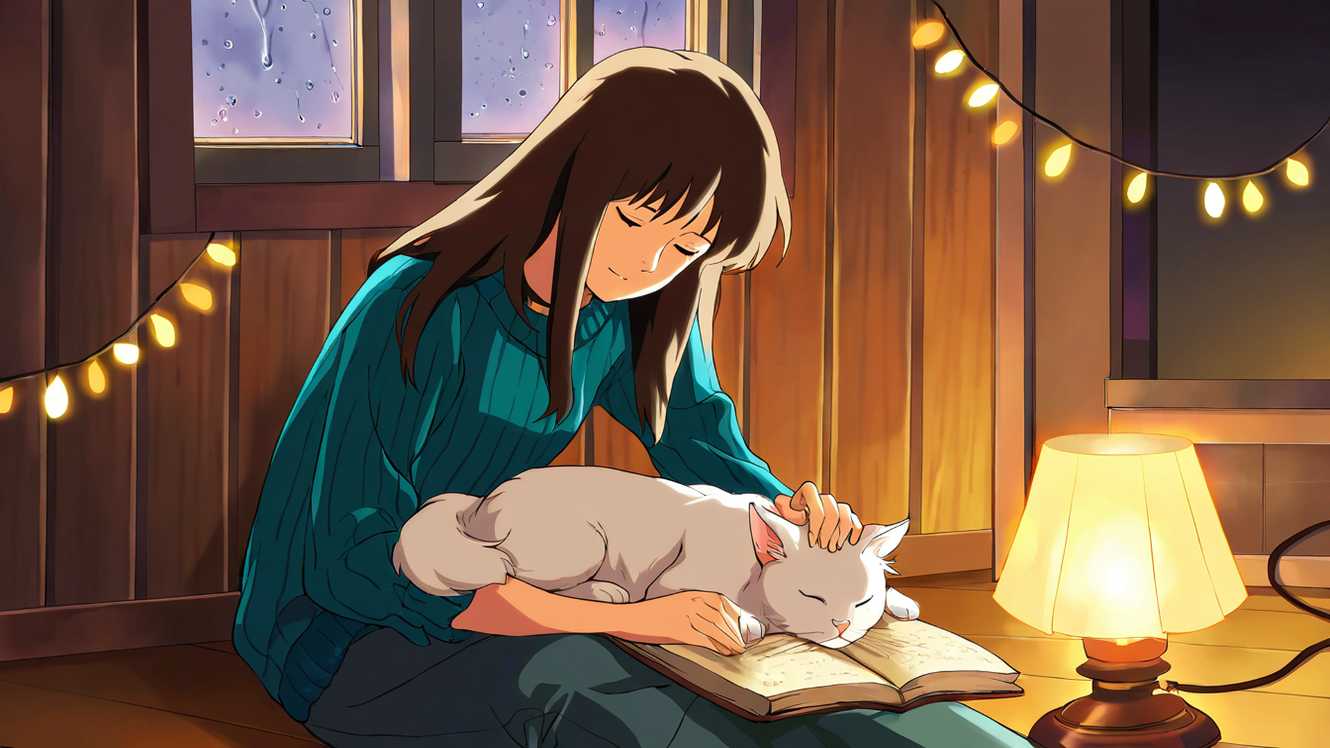 girl with cat lamplight lofi wallpaper