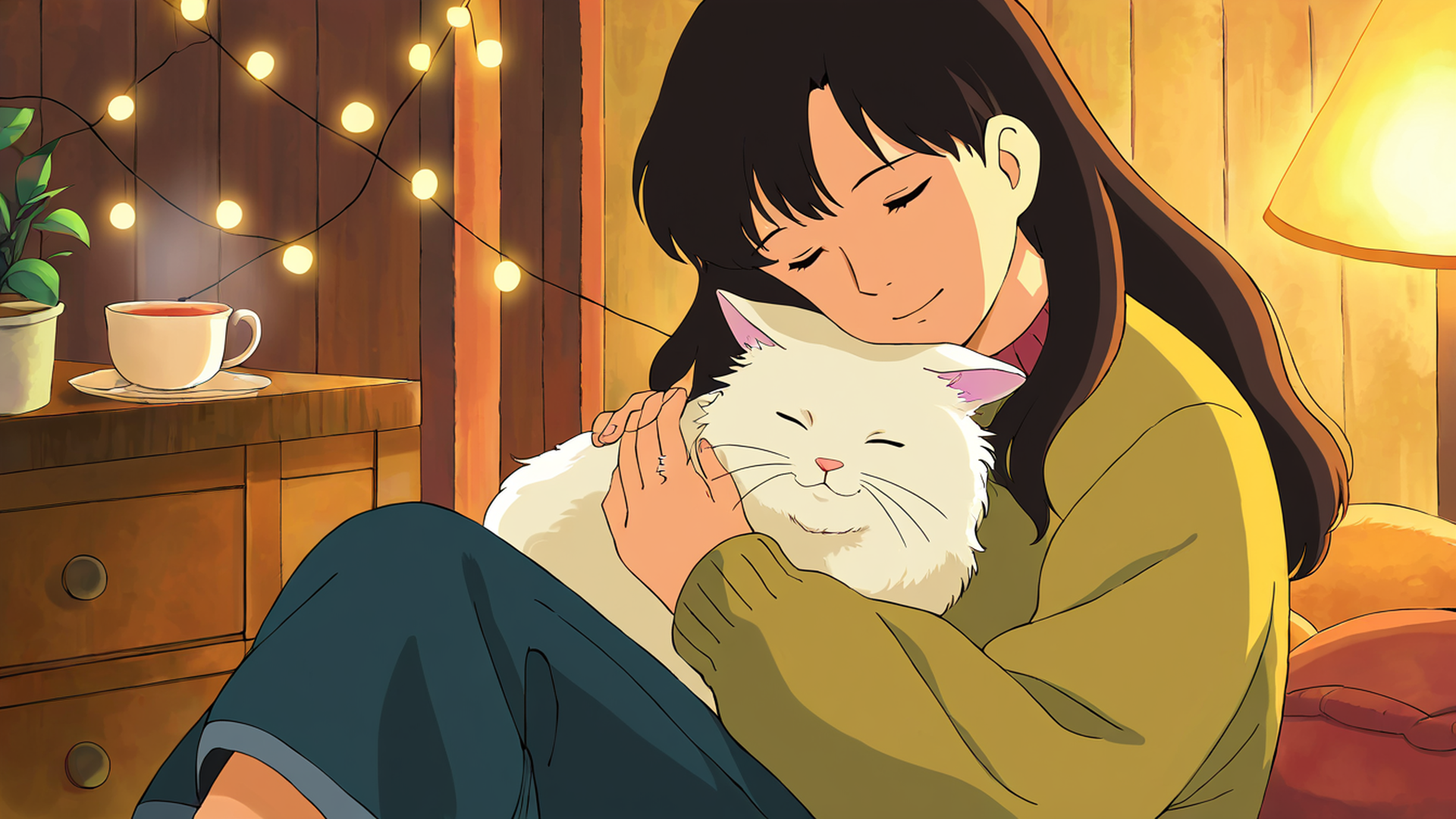 Girl With Cat Lamplight Girl With Cat Lamplight 1405032202 lofi anime wallpaper free download