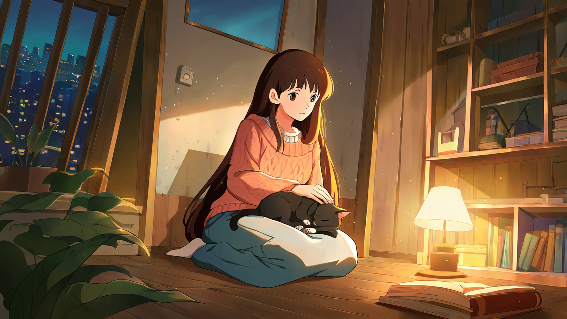 girl with cat lamplight lofi wallpaper