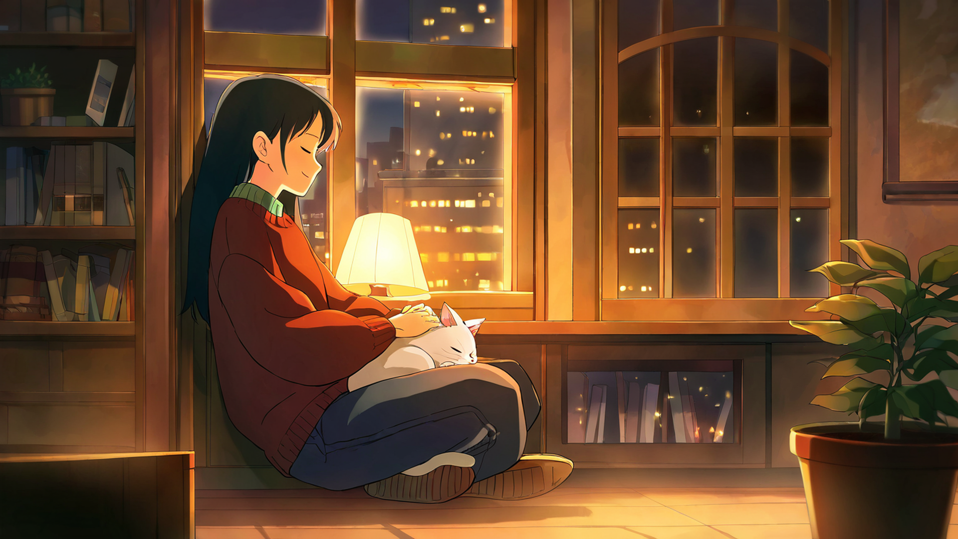 Girl With Cat Lamplight Girl With Cat Lamplight 1421013059 lofi anime wallpaper free download