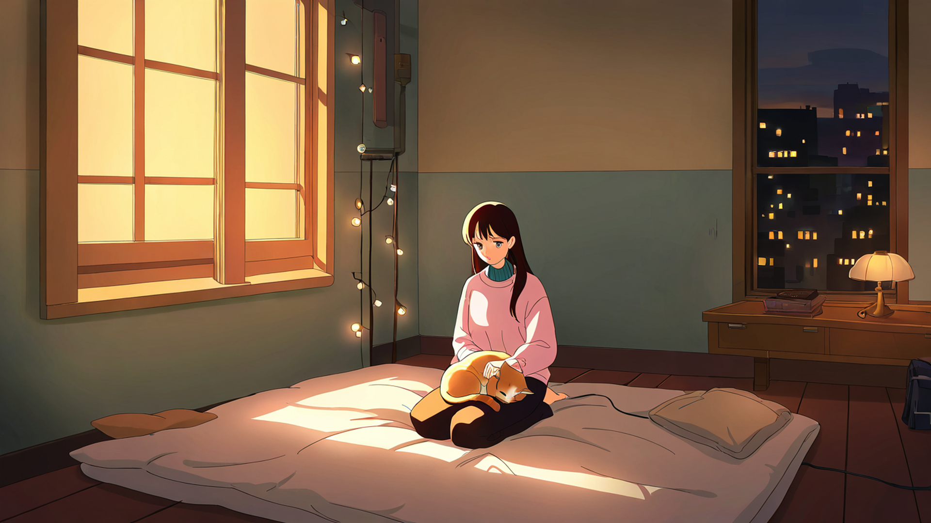 girl with cat lamplight lofi wallpaper