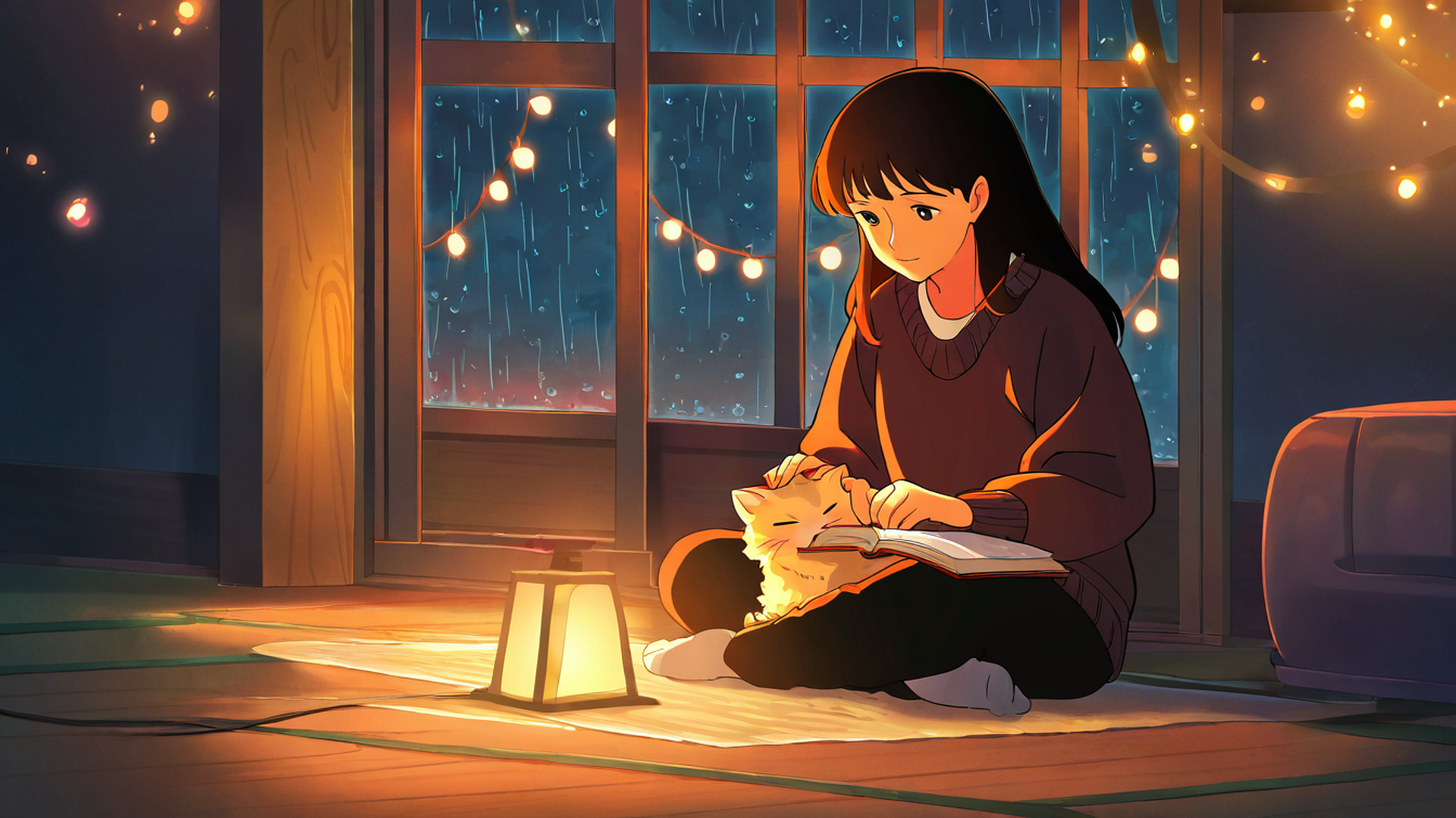 Girl With Cat Lamplight Girl With Cat Lamplight 1491412587 lofi anime wallpaper free download