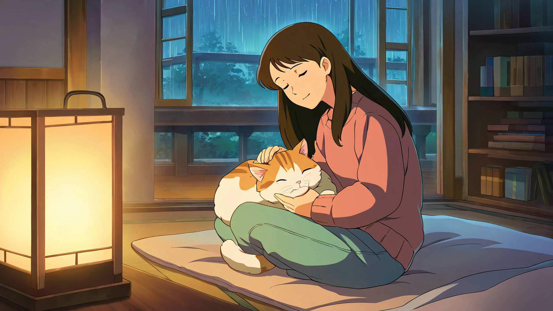 girl with cat lamplight lofi wallpaper
