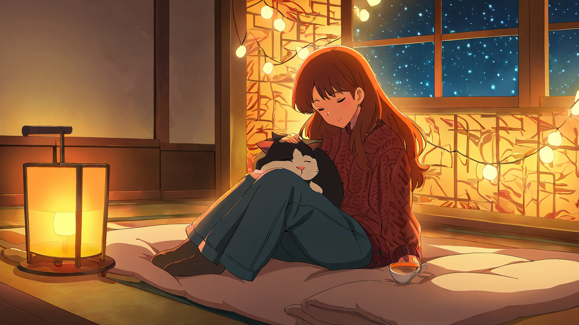 girl with cat lamplight lofi wallpaper