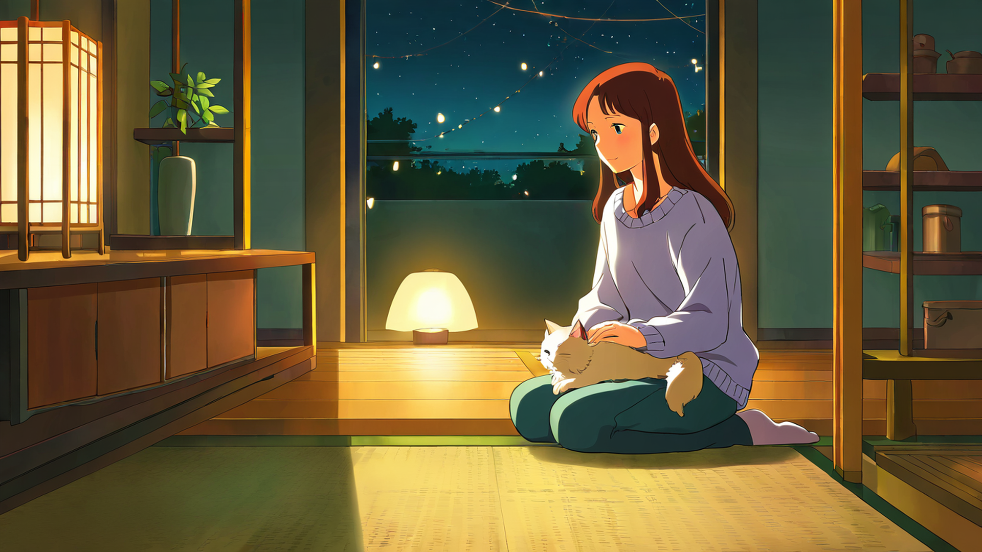 girl with cat lamplight lofi wallpaper