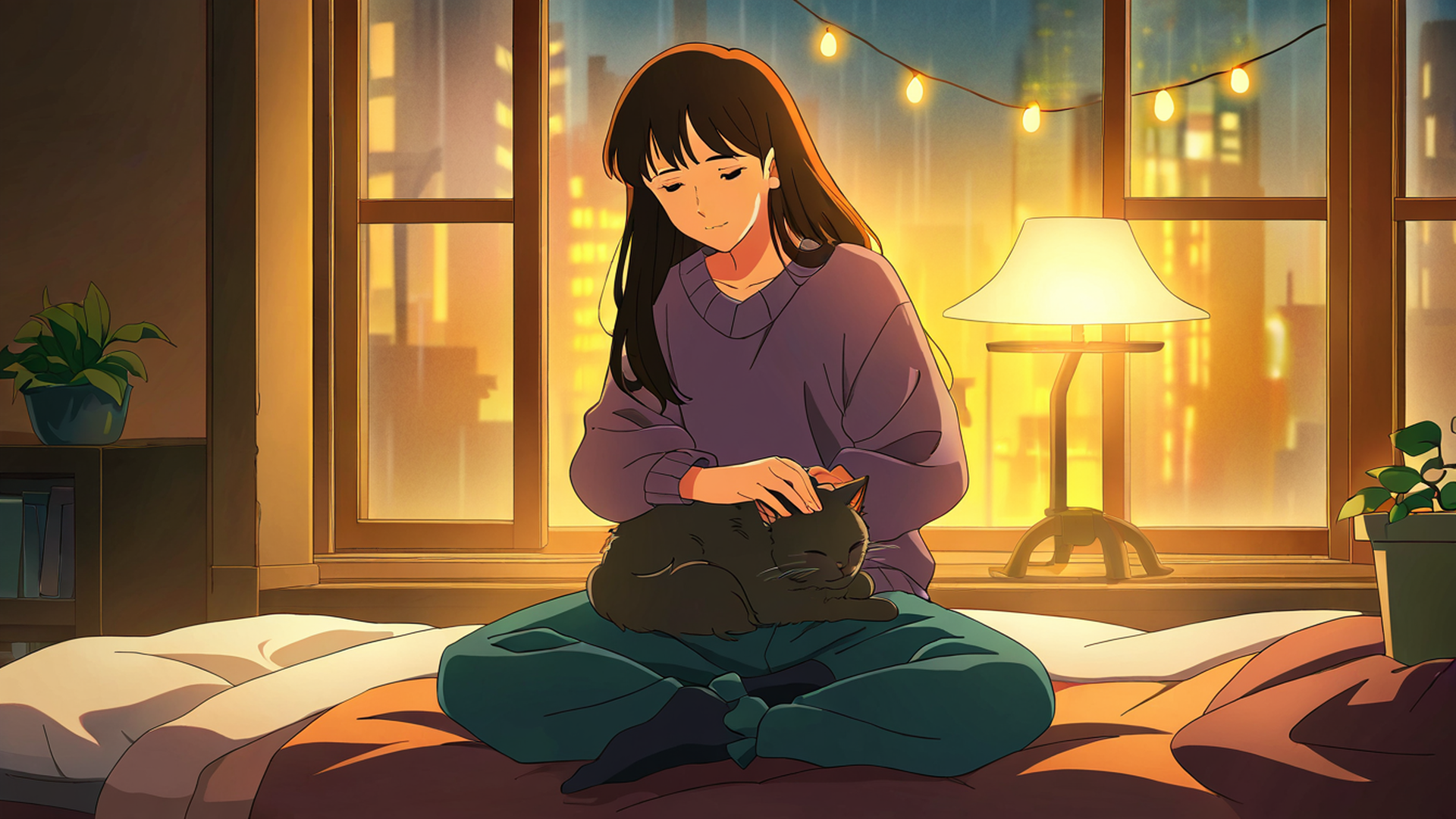 girl with cat lamplight lofi wallpaper