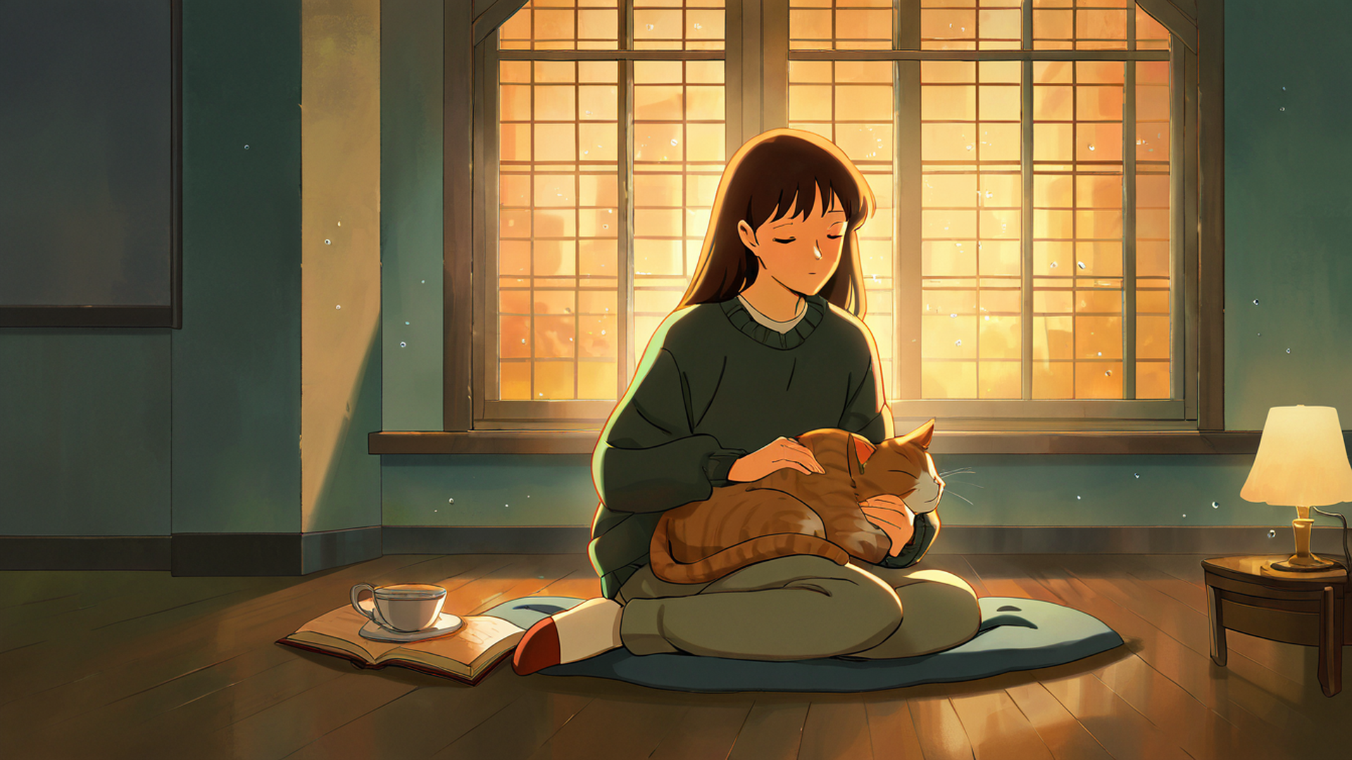 girl with cat lamplight lofi wallpaper