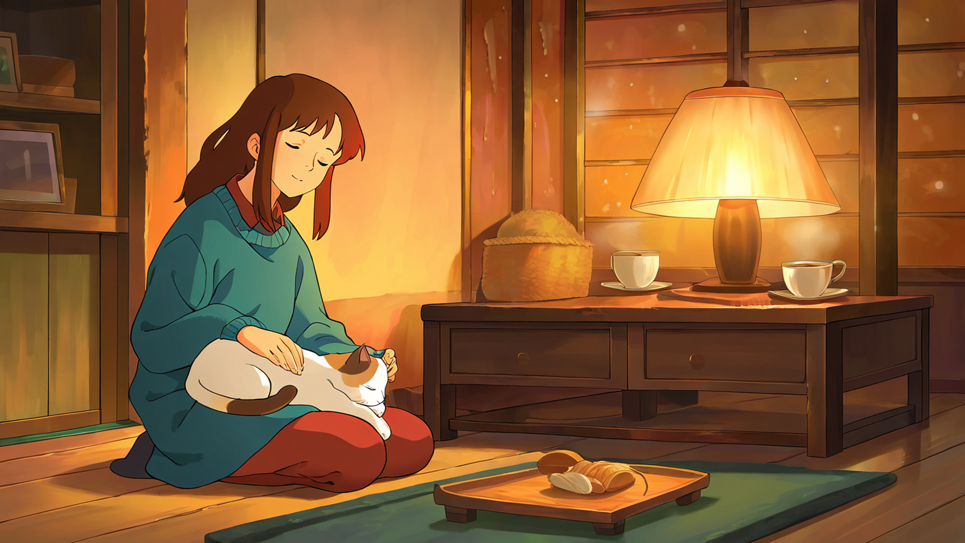 girl with cat lamplight lofi wallpaper
