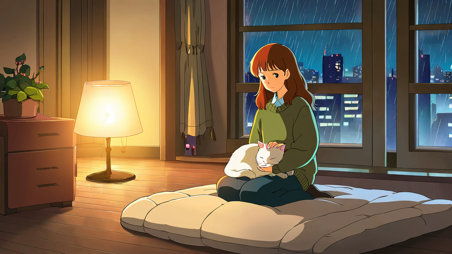 girl with cat lamplight lofi wallpaper