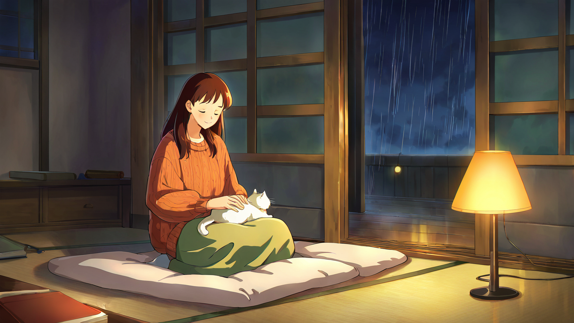 girl with cat lamplight lofi wallpaper