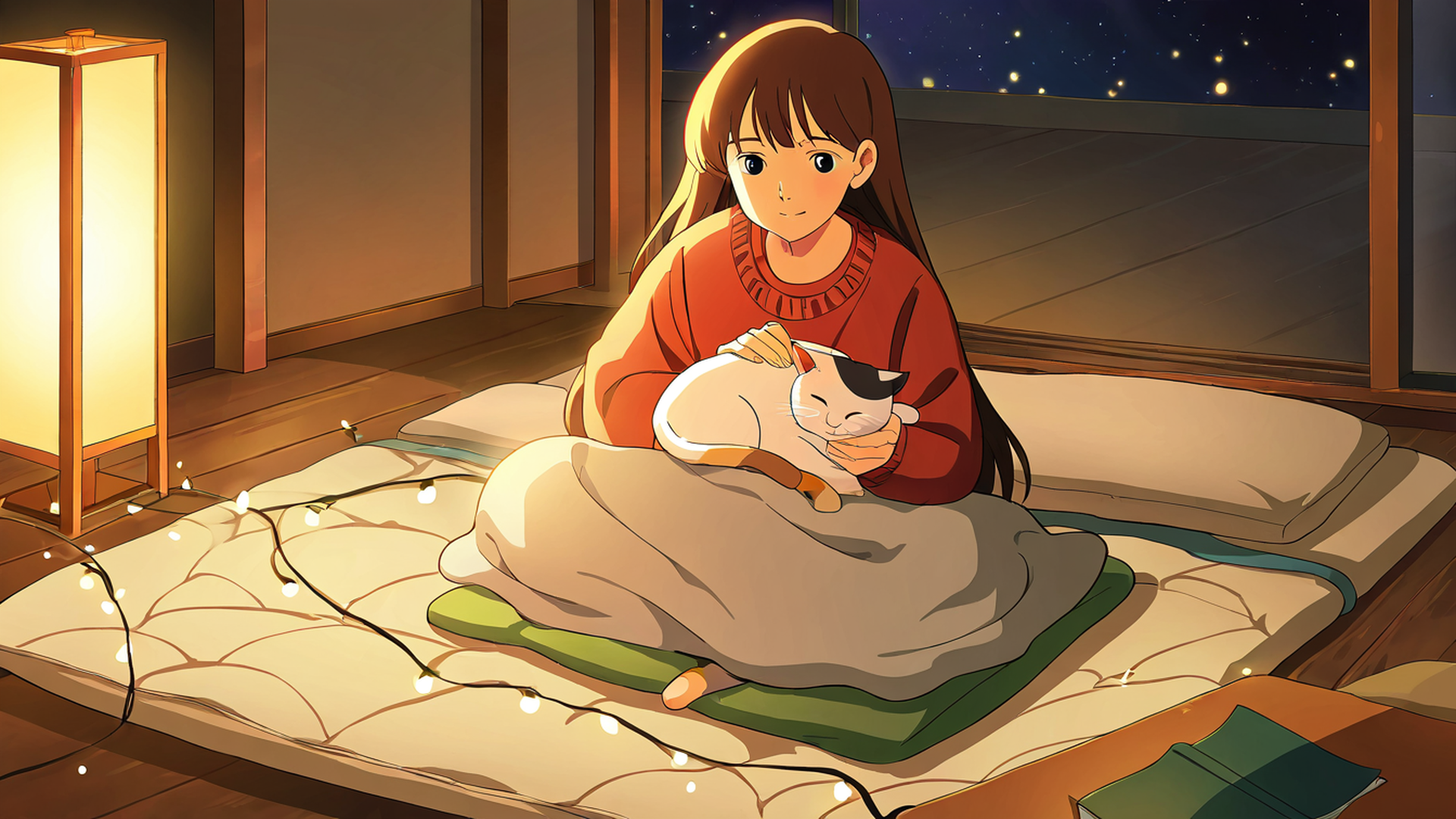 girl with cat lamplight lofi wallpaper