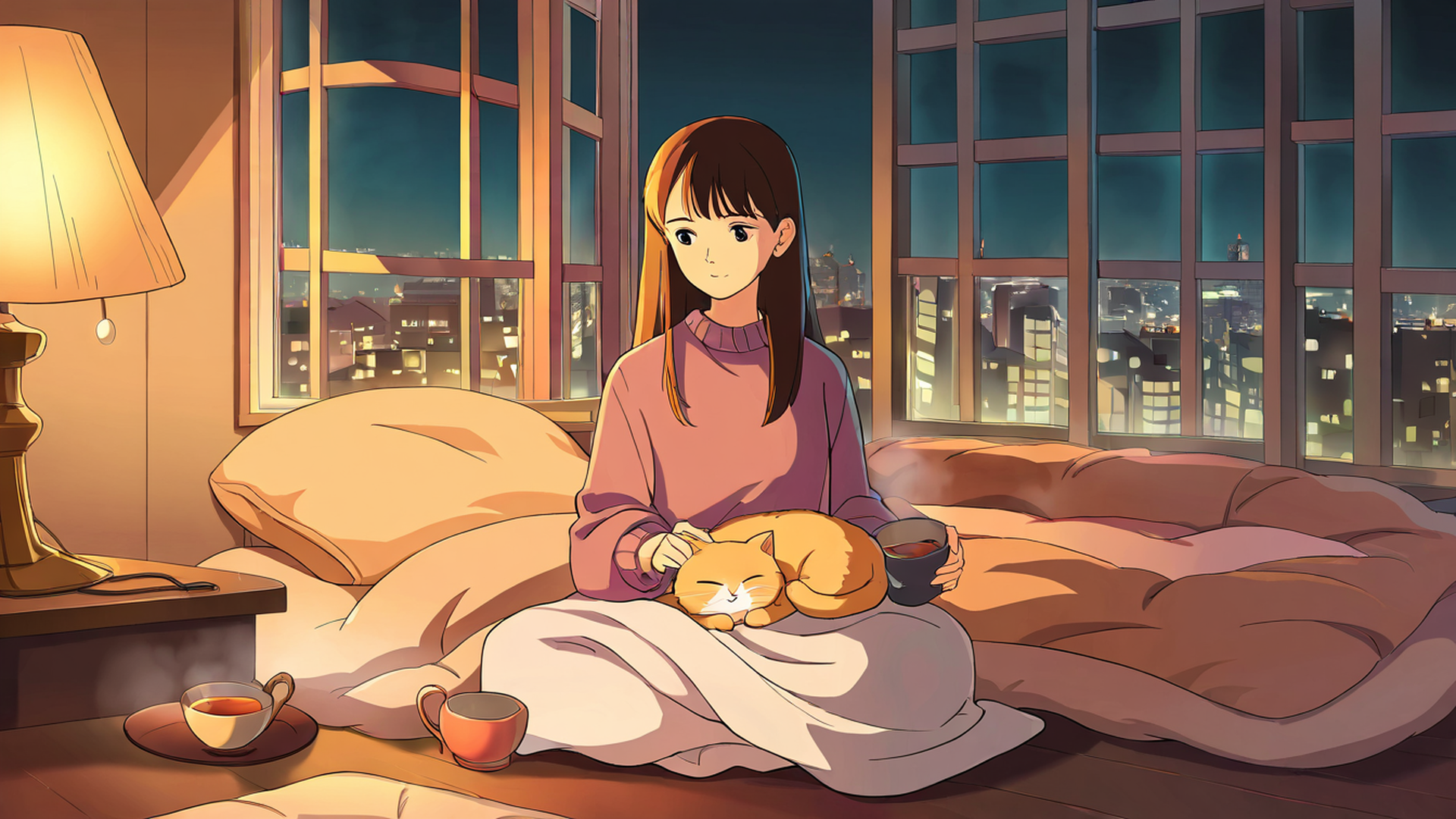 Girl With Cat Lamplight Girl With Cat Lamplight 1595364587 lofi anime wallpaper free download