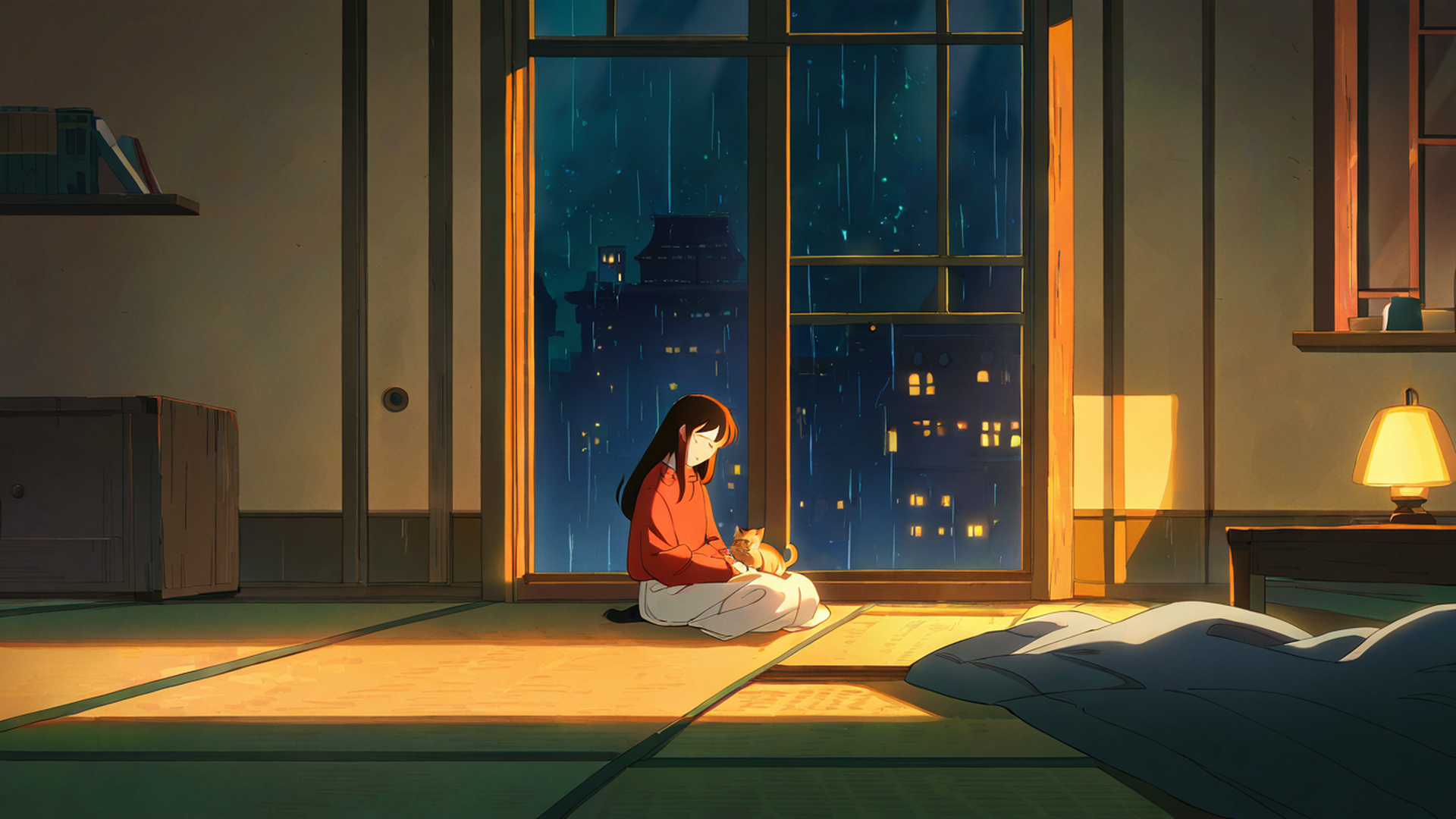 girl with cat lamplight lofi wallpaper