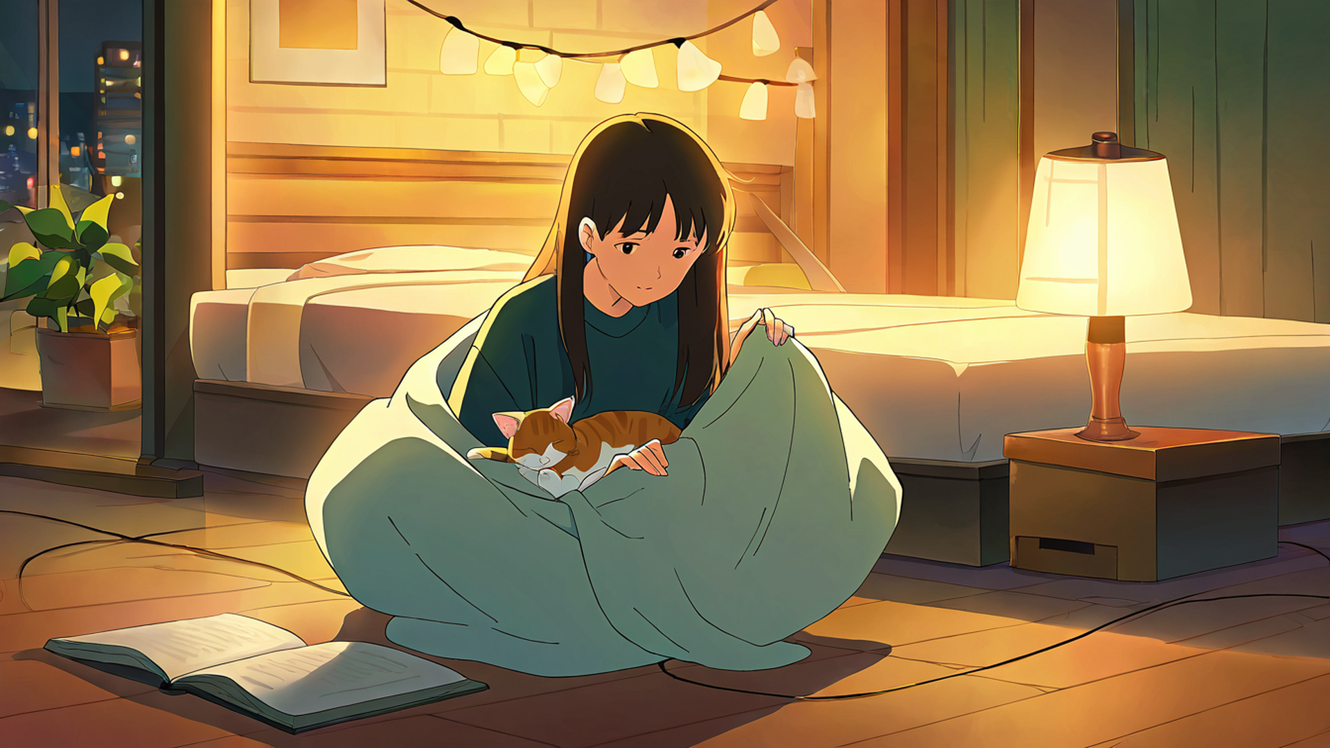 girl with cat lamplight lofi wallpaper