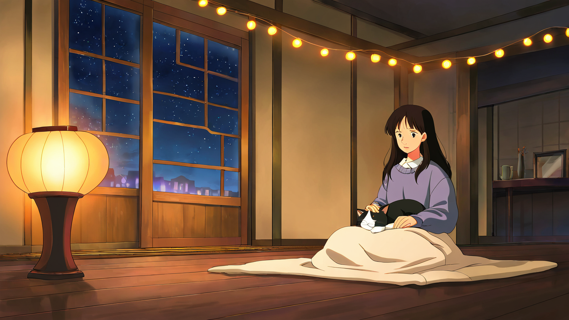 girl with cat lamplight lofi wallpaper
