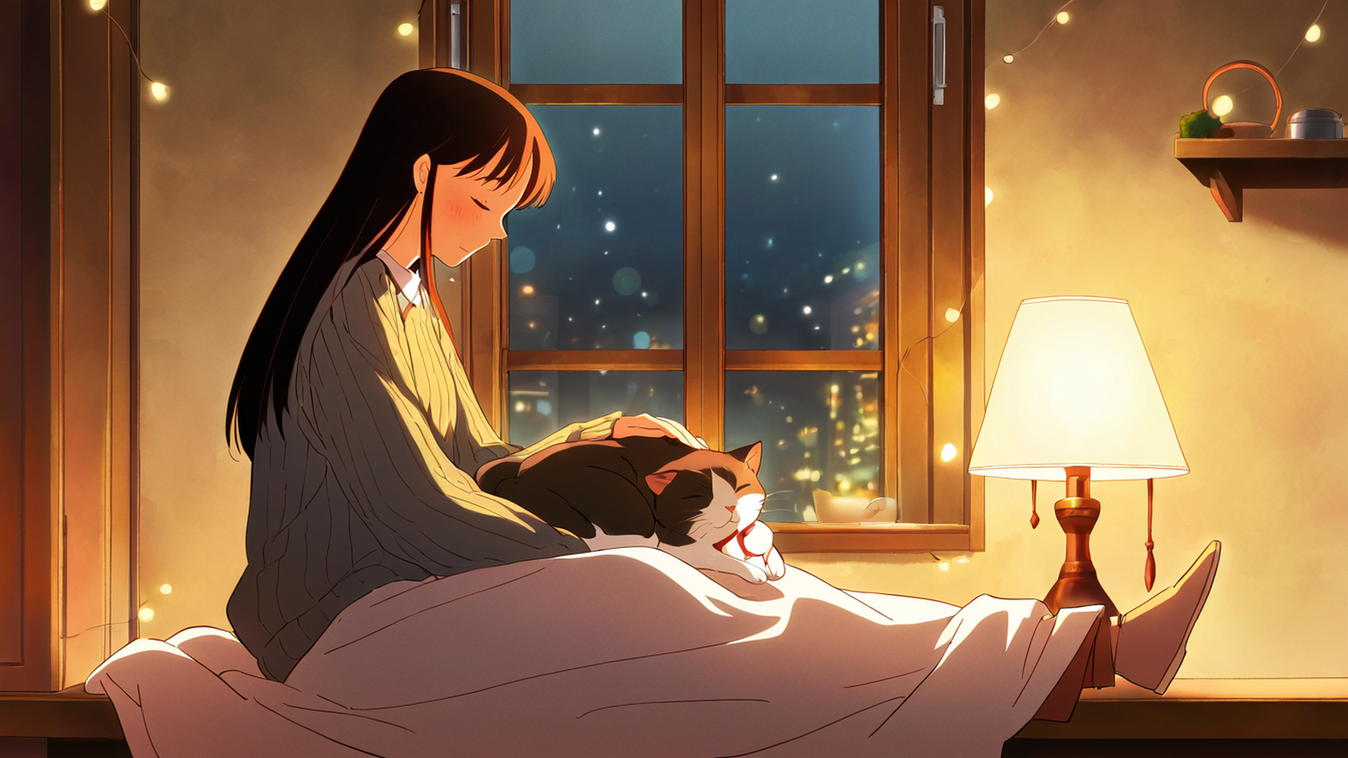 Girl With Cat Lamplight Girl With Cat Lamplight 1619768050 lofi anime wallpaper free download