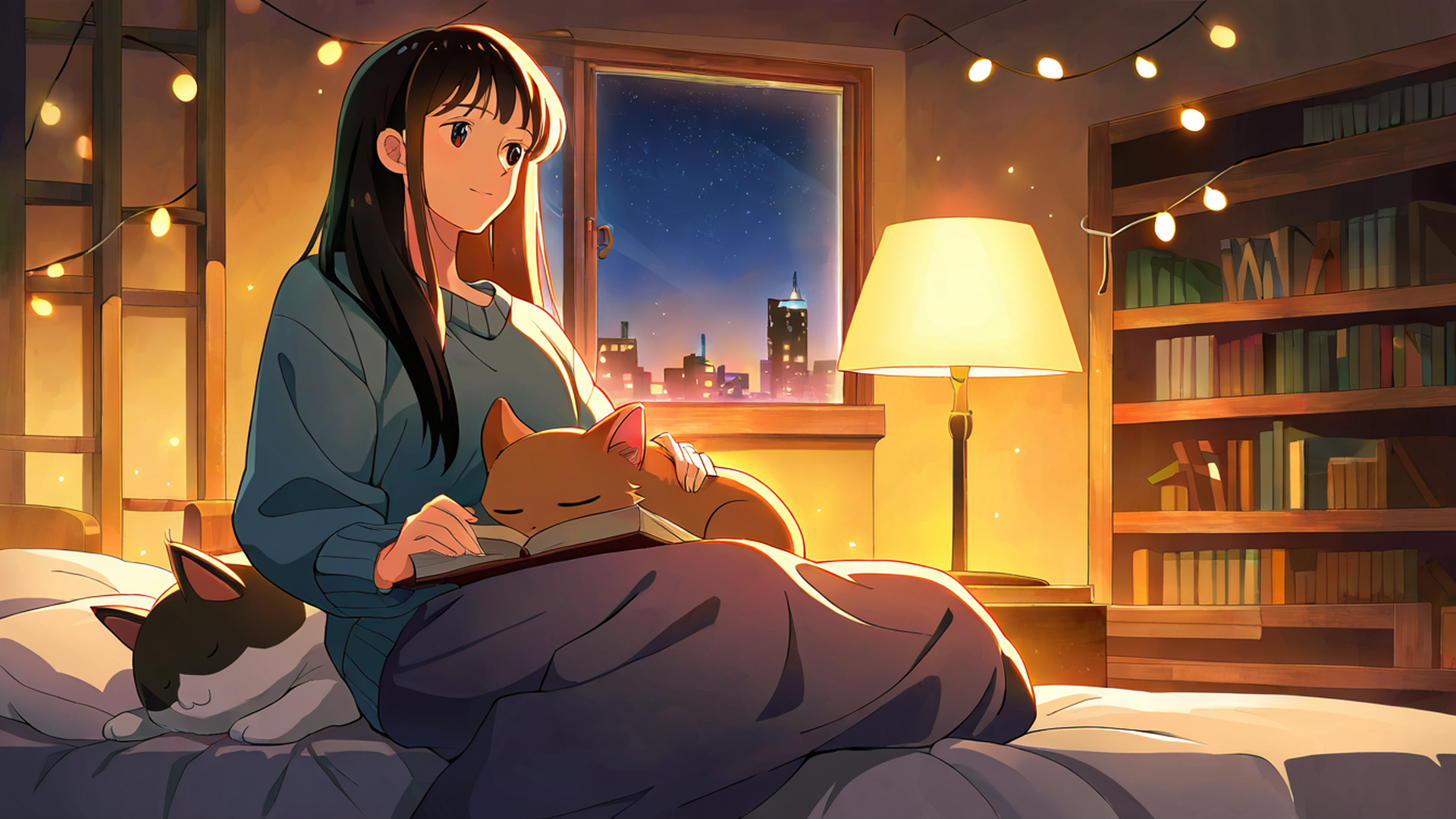 girl with cat lamplight lofi wallpaper