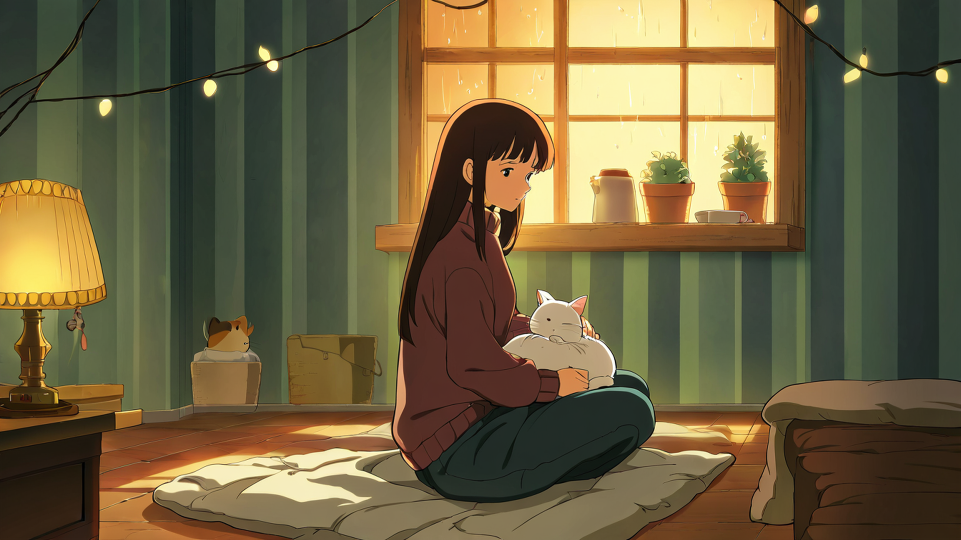 girl with cat lamplight lofi wallpaper