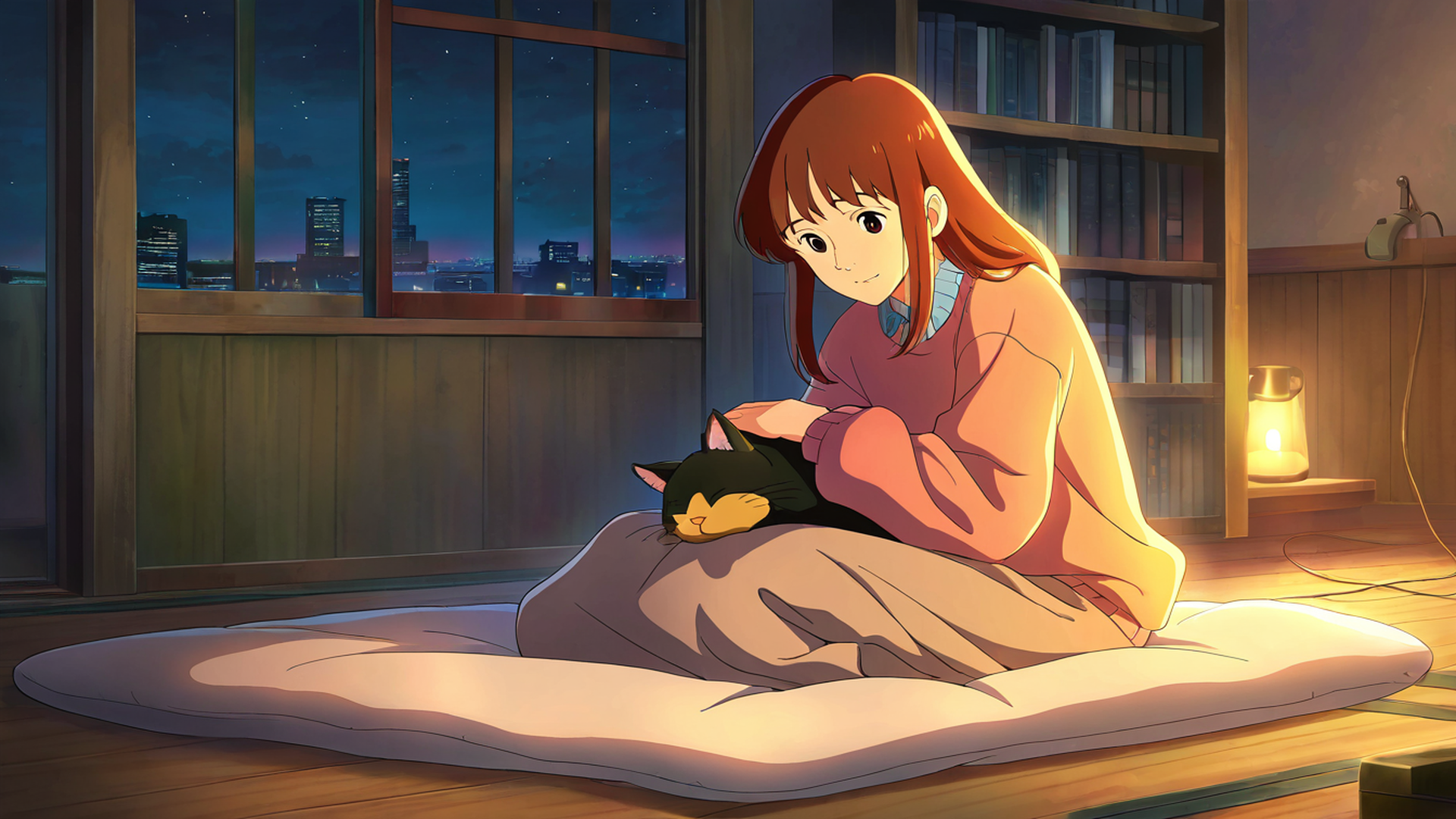 girl with cat lamplight lofi wallpaper