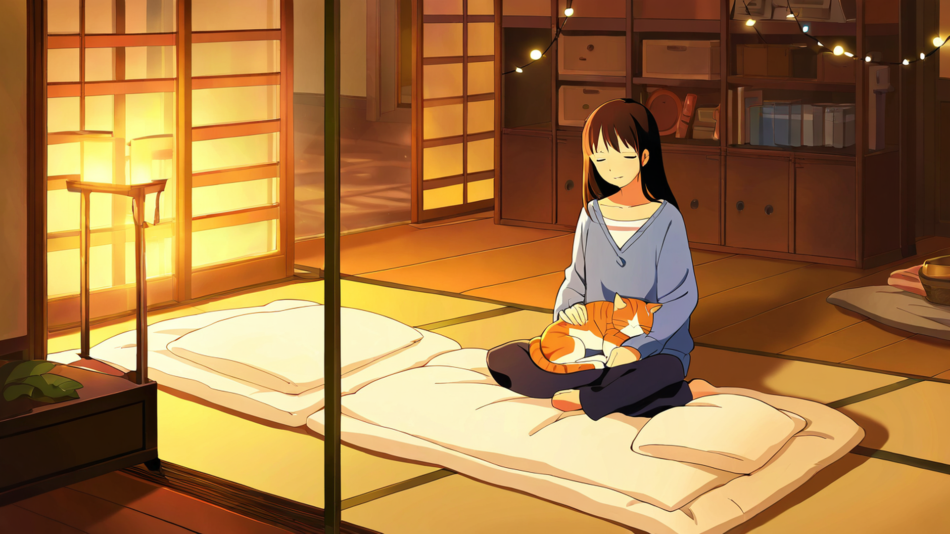 girl with cat lamplight lofi wallpaper