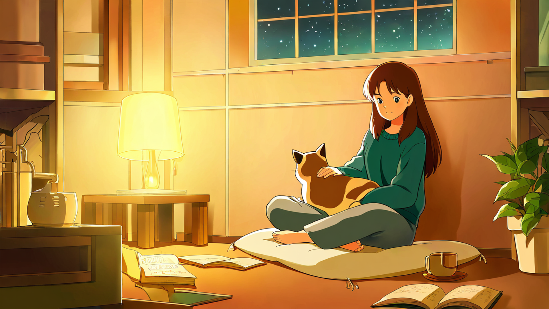 girl with cat lamplight lofi wallpaper