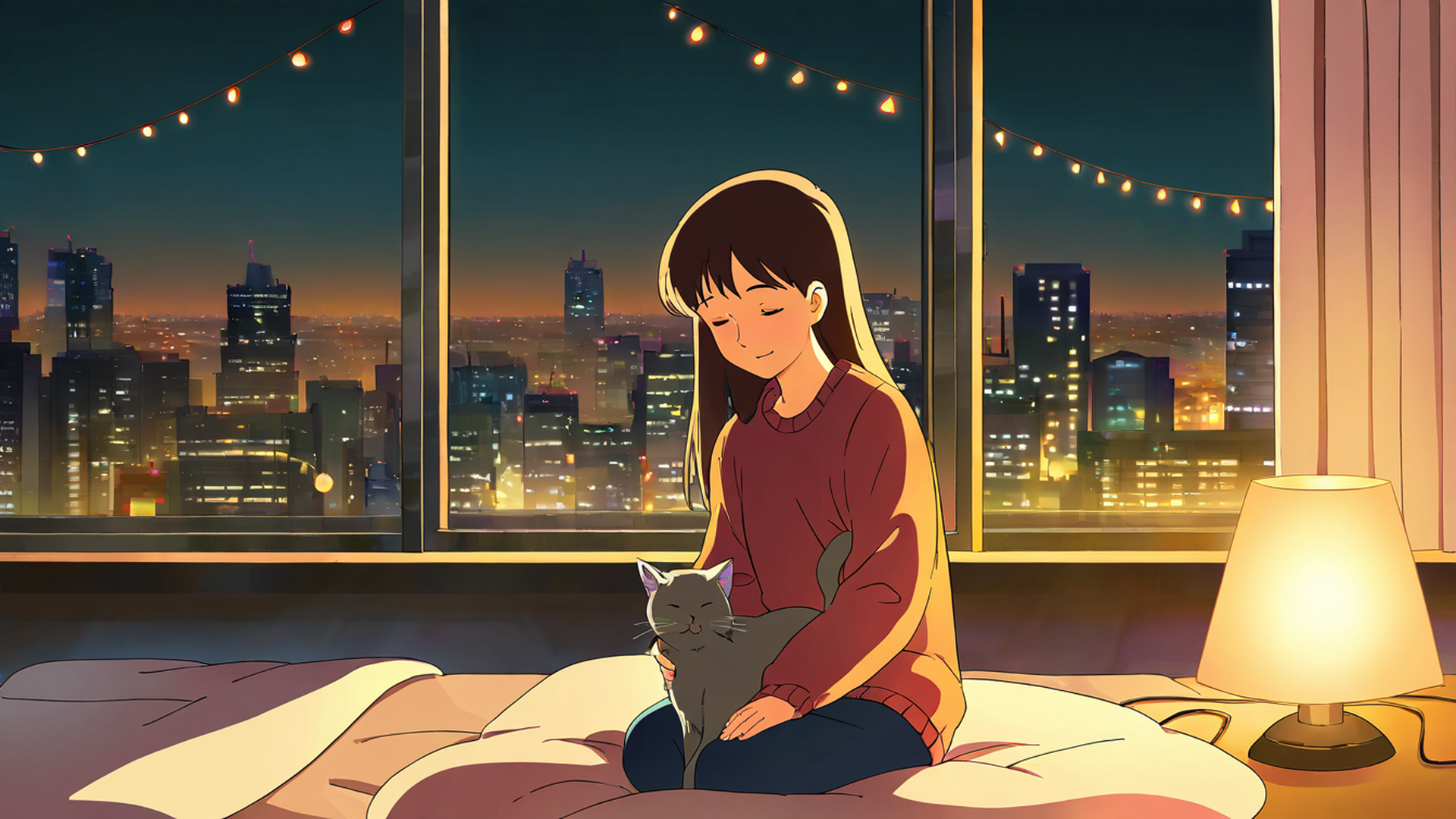 girl with cat lamplight lofi wallpaper