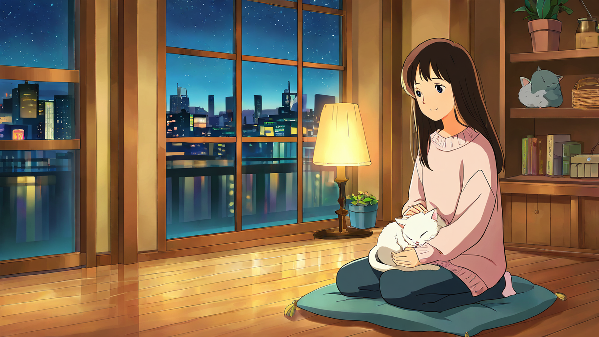 Girl With Cat Lamplight Girl With Cat Lamplight 1717244831 lofi anime wallpaper free download
