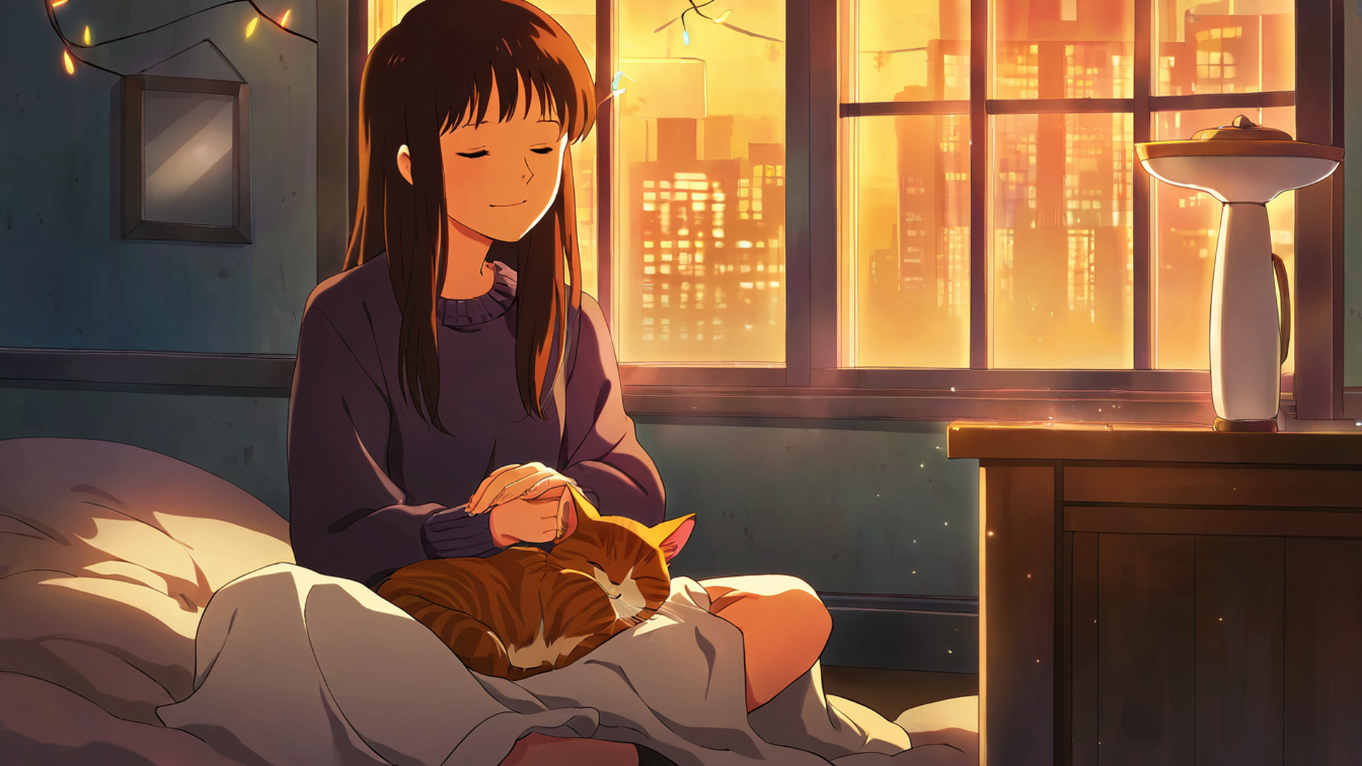 girl with cat lamplight lofi wallpaper