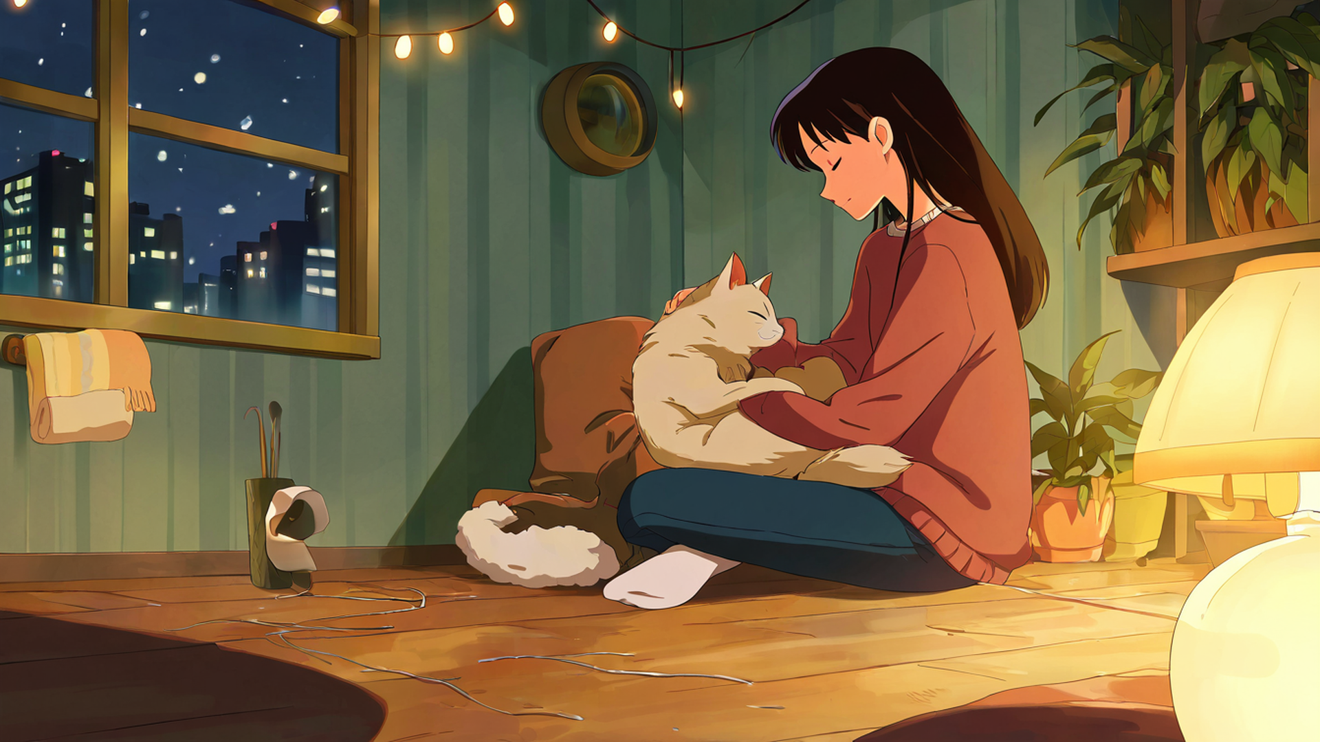 Girl With Cat Lamplight Girl With Cat Lamplight 1732277525 lofi anime wallpaper free download