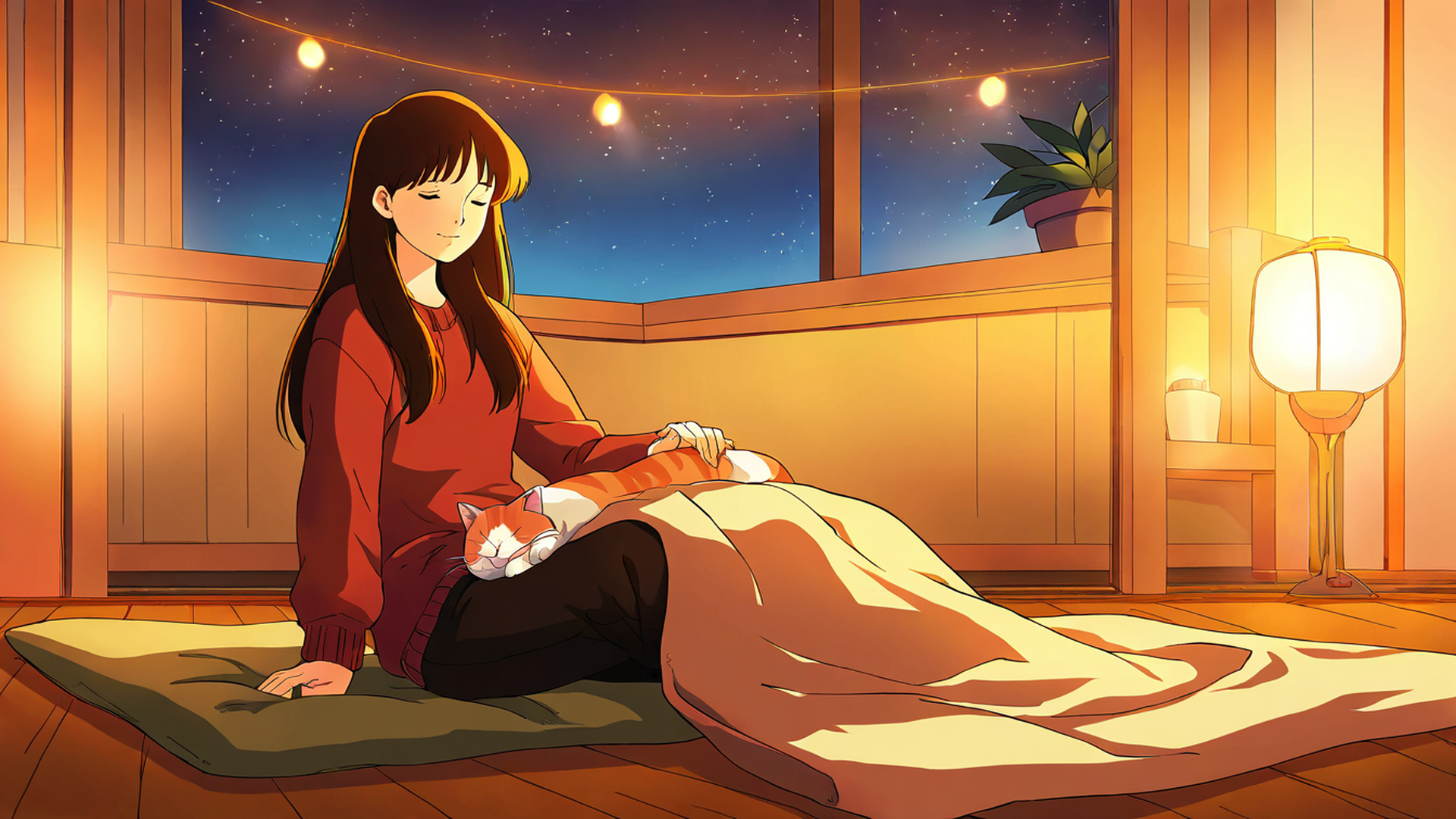 girl with cat lamplight lofi wallpaper