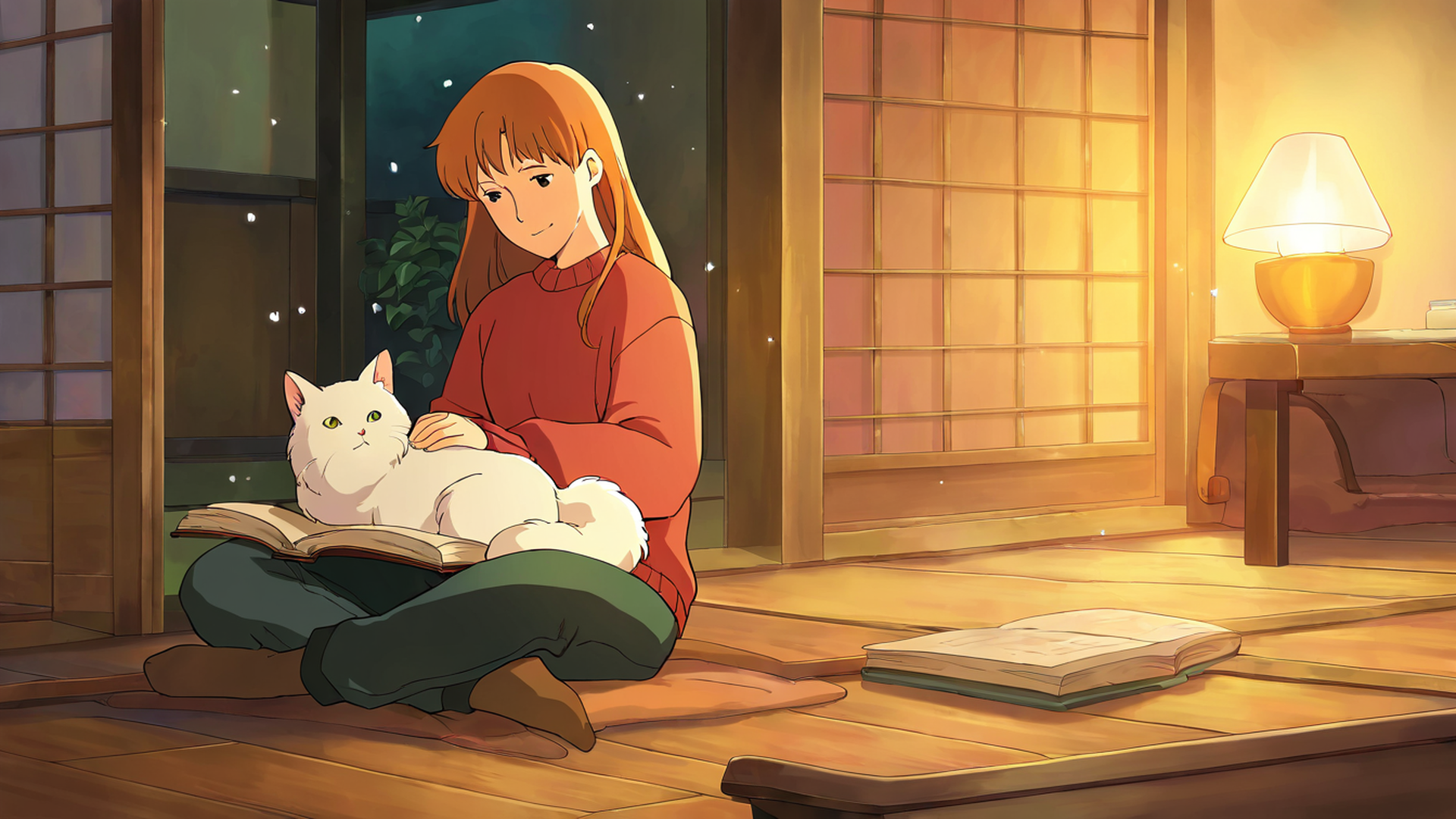 girl with cat lamplight lofi wallpaper