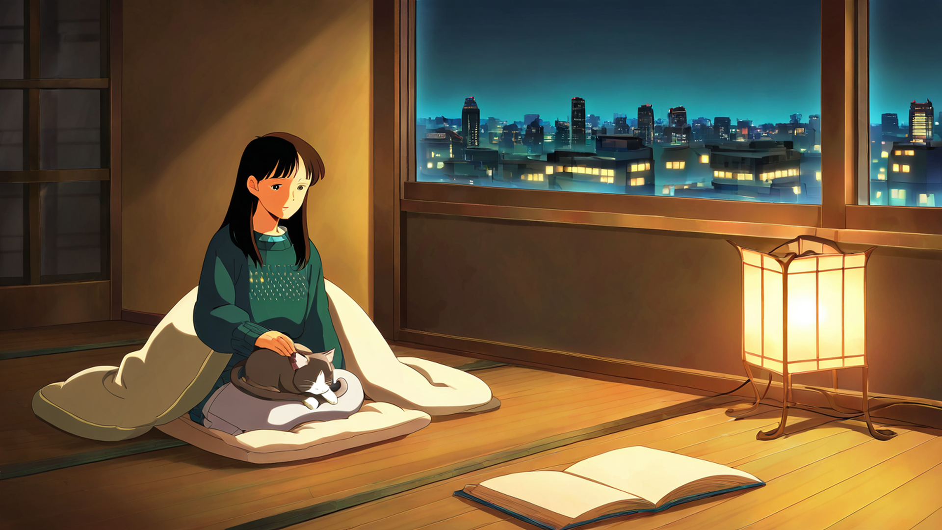 girl with cat lamplight lofi wallpaper