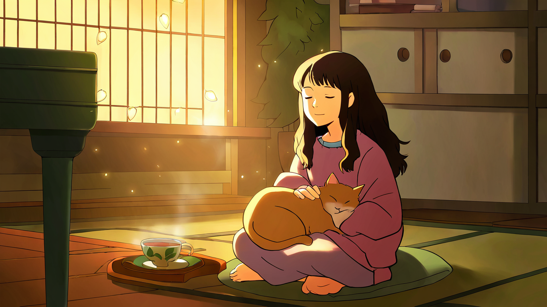 girl with cat lamplight lofi wallpaper