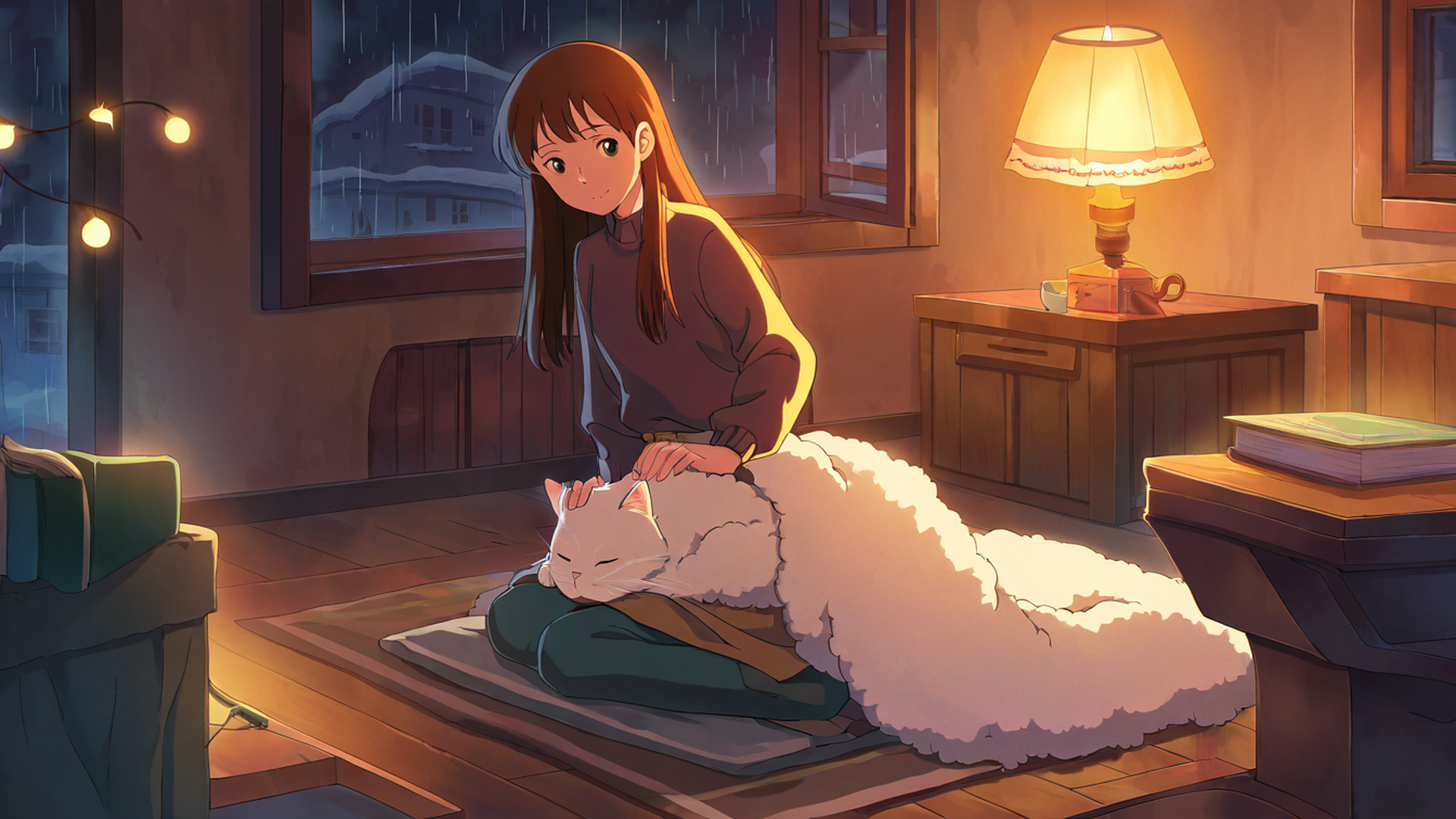 girl with cat lamplight lofi wallpaper
