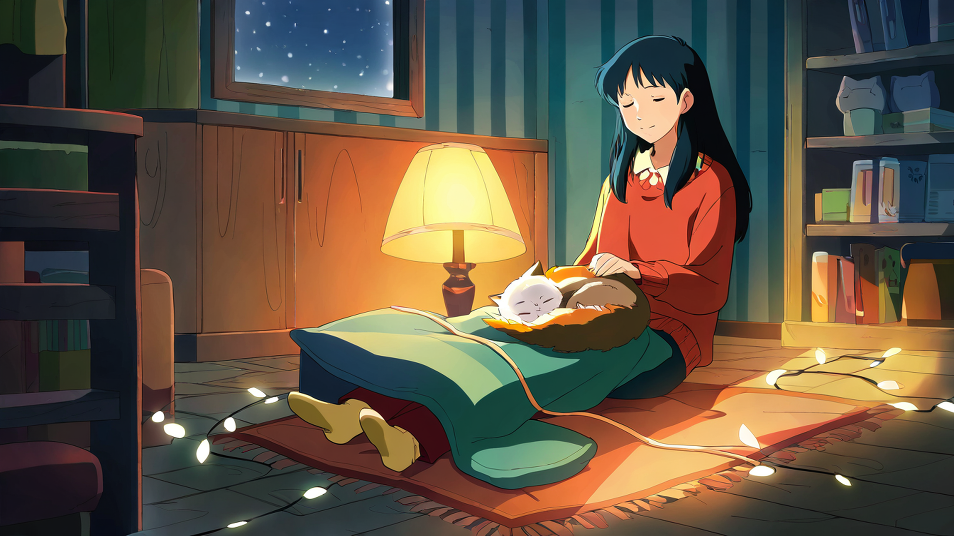 girl with cat lamplight lofi wallpaper