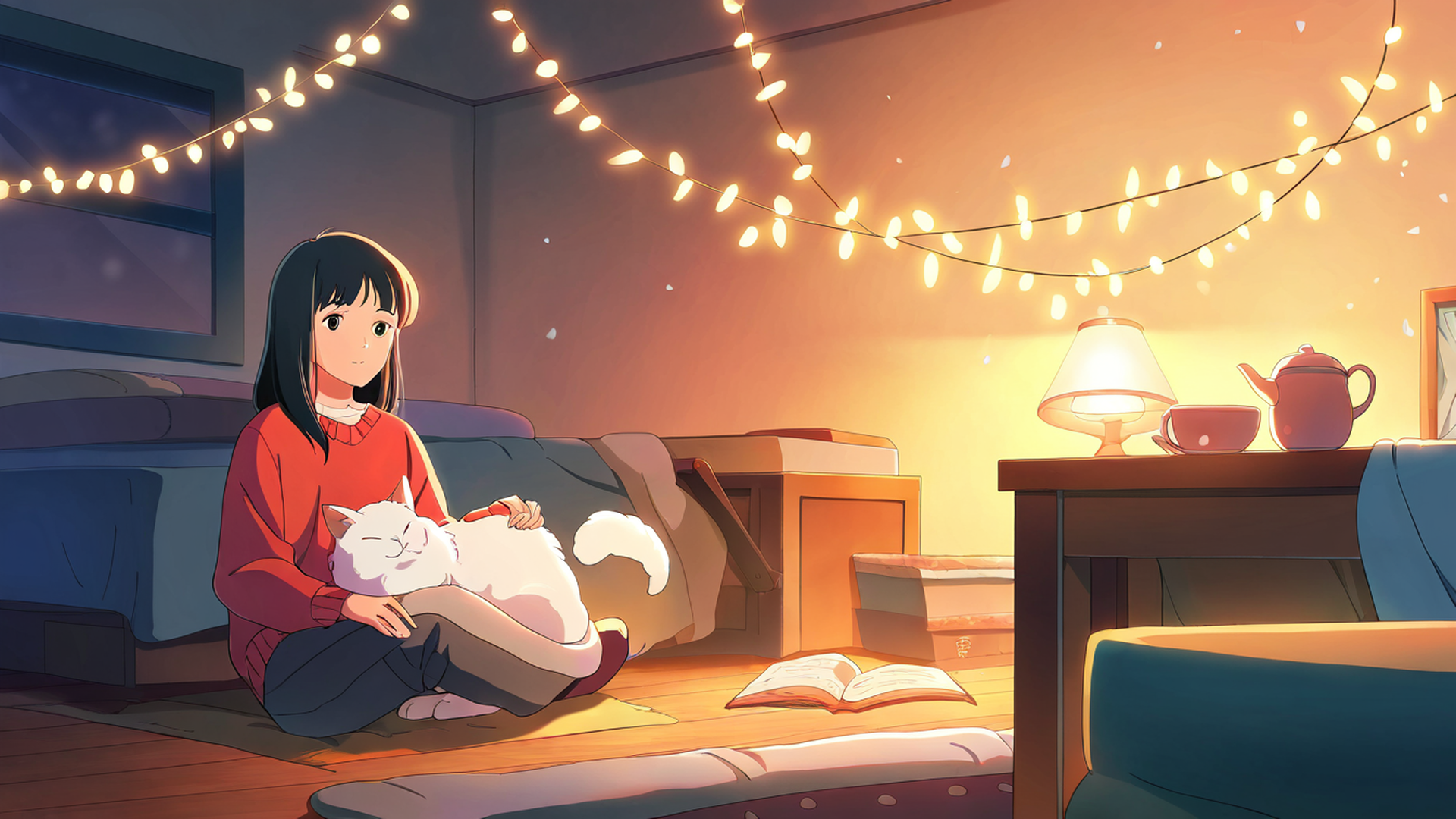 girl with cat lamplight lofi wallpaper