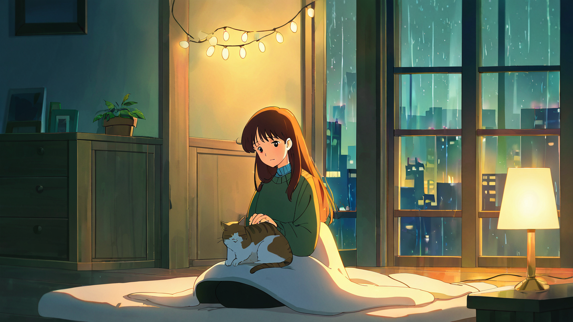 Girl With Cat Lamplight Girl With Cat Lamplight 1865248785 lofi anime wallpaper free download