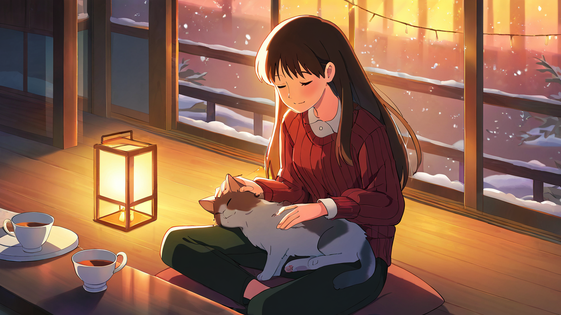 girl with cat lamplight lofi wallpaper