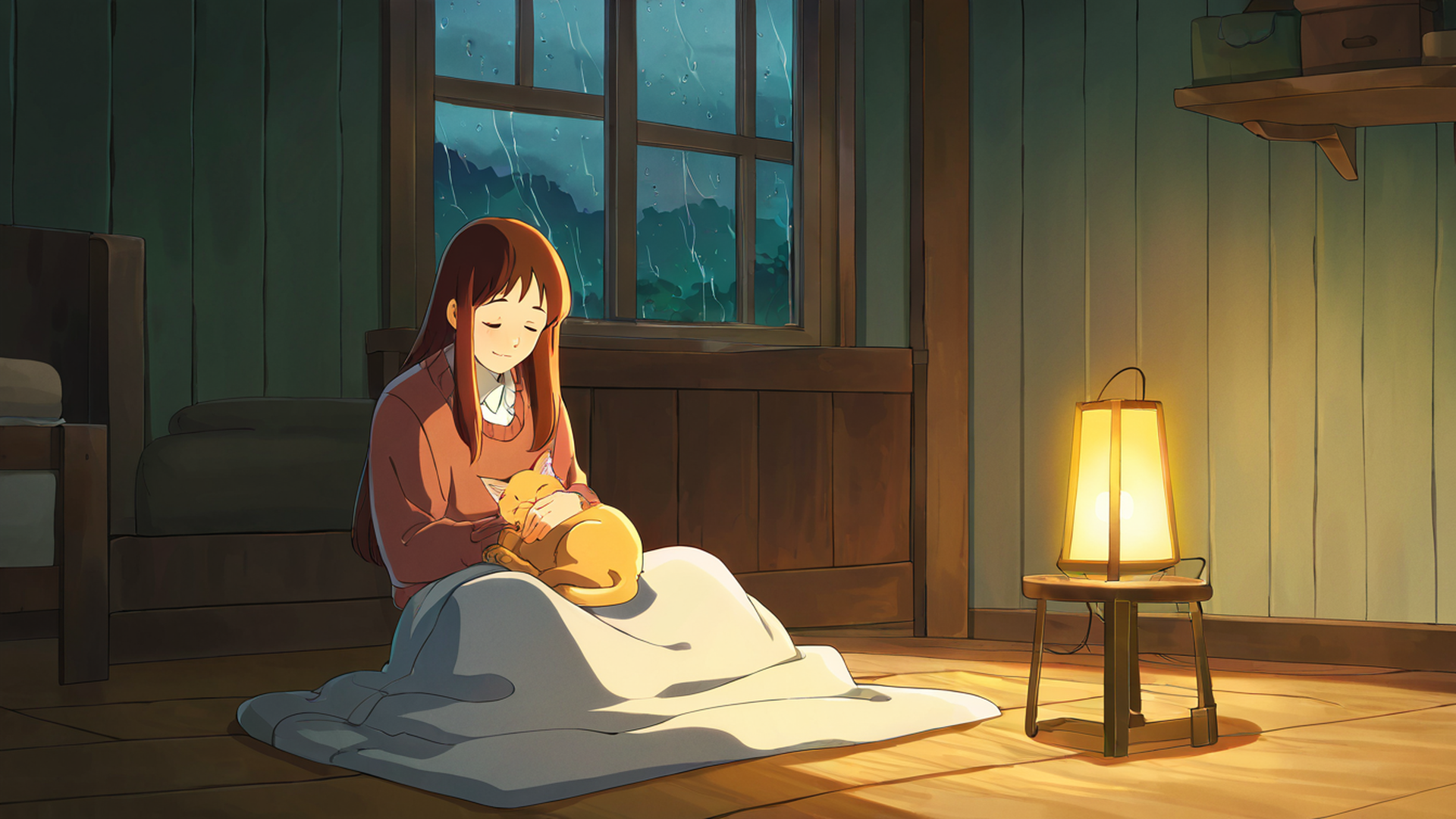 Girl With Cat Lamplight Girl With Cat Lamplight 1898961622 lofi anime wallpaper free download