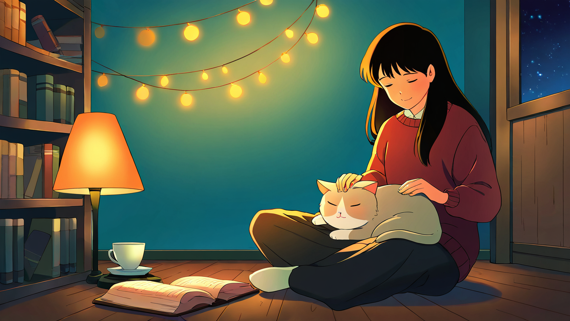 girl with cat lamplight lofi wallpaper