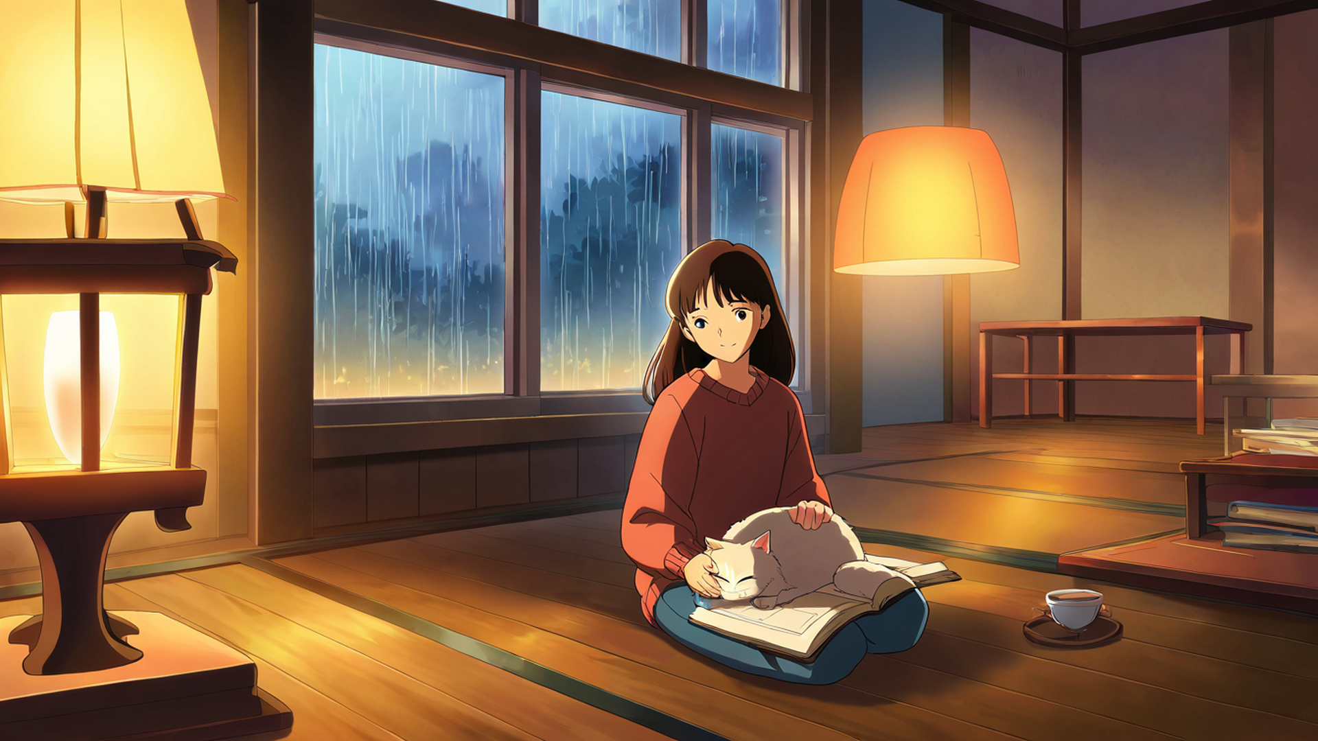 Girl With Cat Lamplight Girl With Cat Lamplight 1918863824 lofi anime wallpaper free download