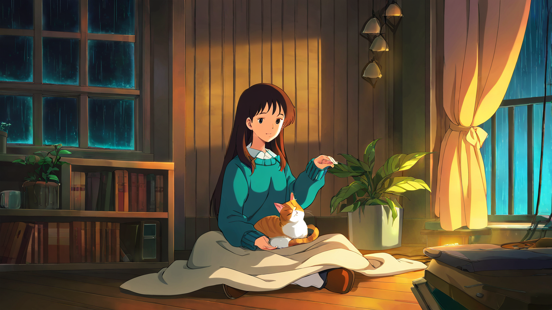 girl with cat lamplight lofi wallpaper
