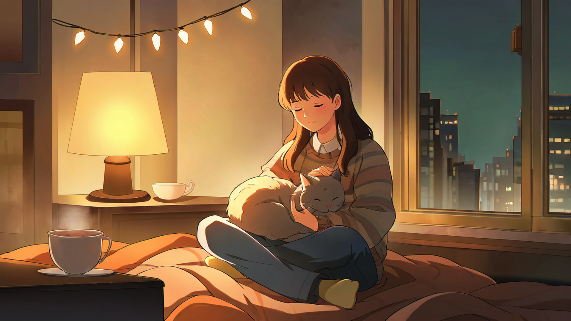 girl with cat lamplight lofi wallpaper