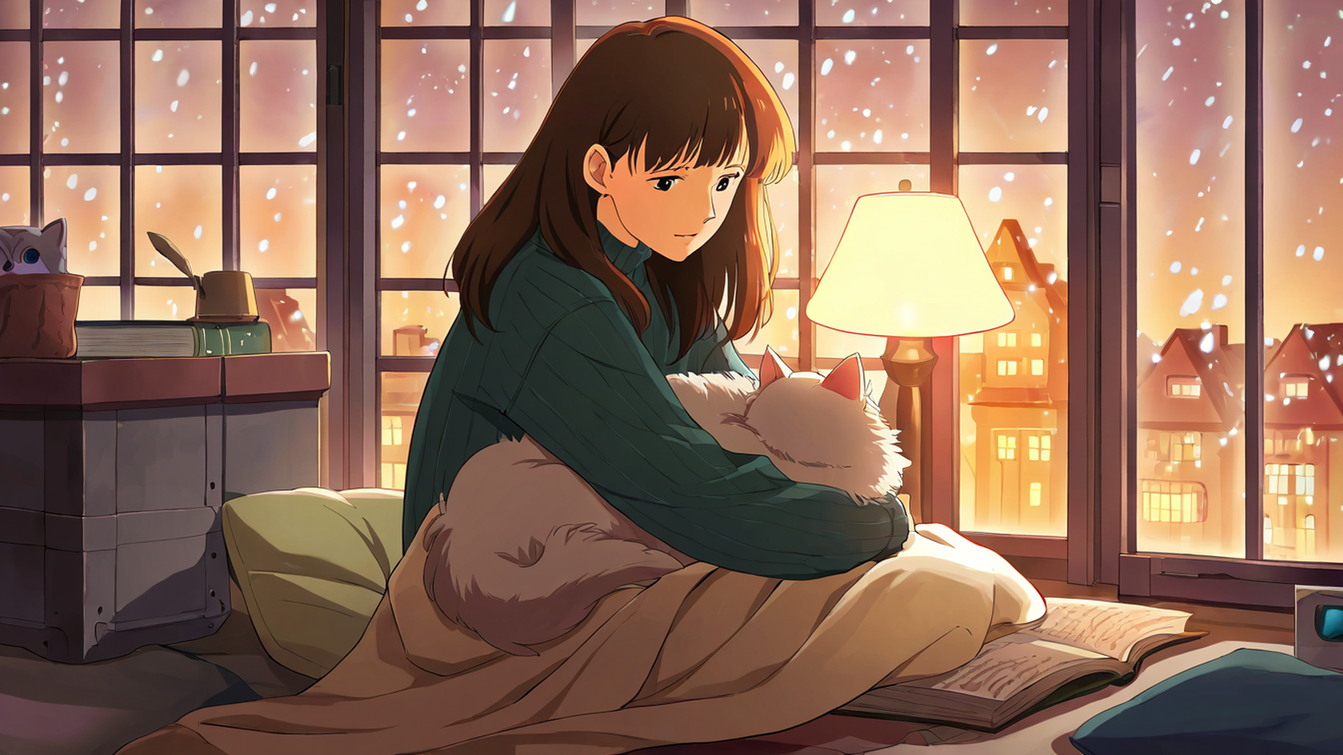 girl with cat lamplight lofi wallpaper