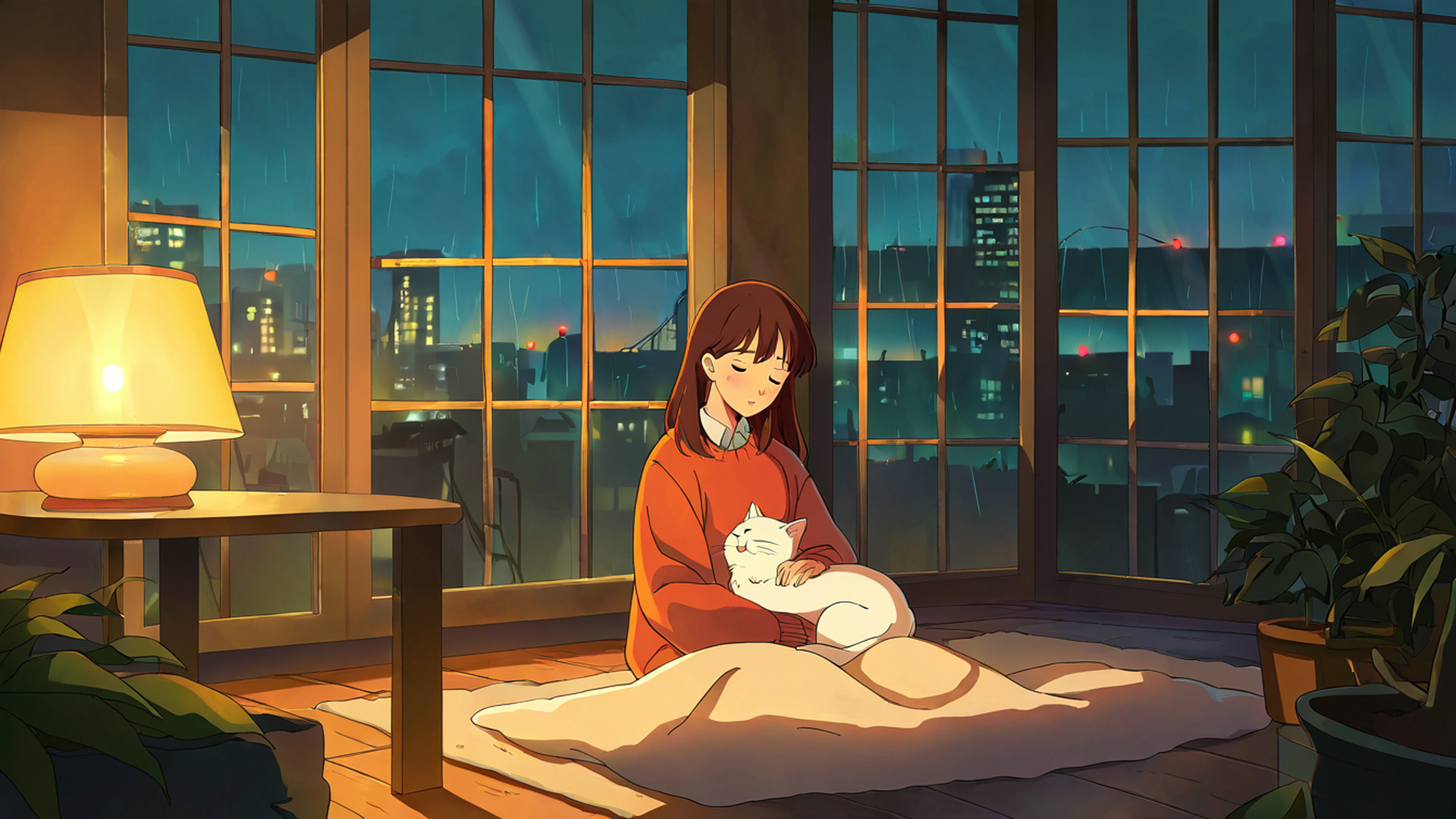 girl with cat lamplight lofi wallpaper