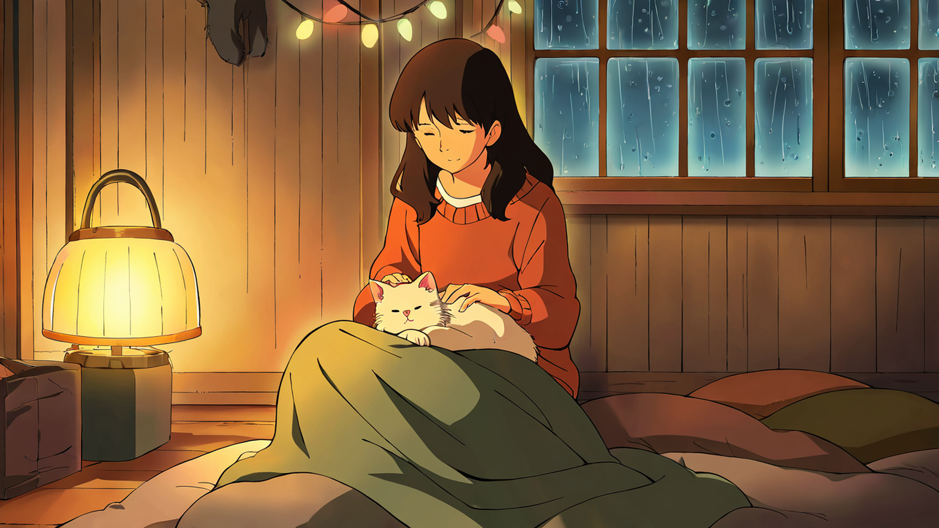 girl with cat lamplight lofi wallpaper